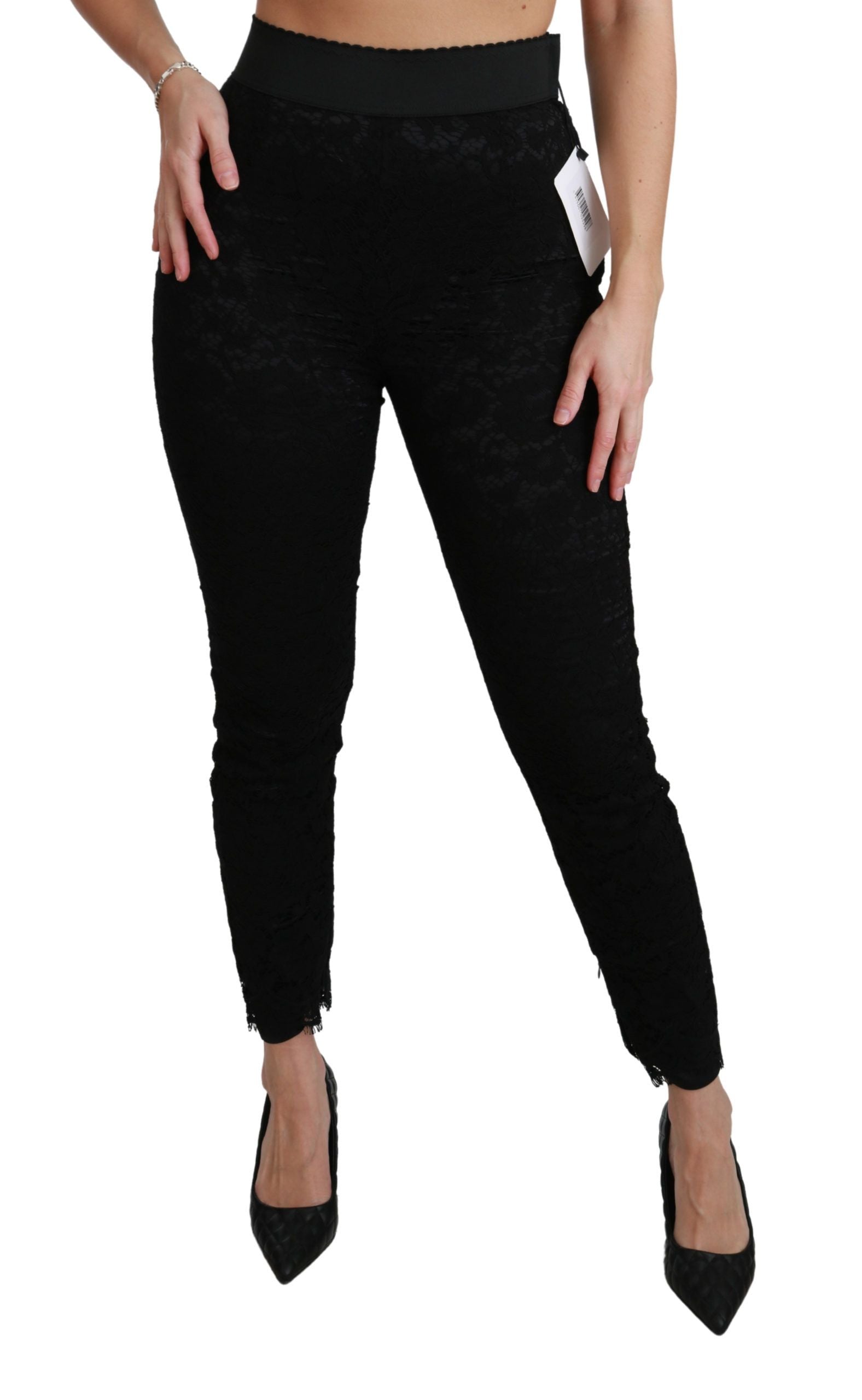 Dolce & Gabbana Schwarze High-Waist-Baumwollhose mit Spitze