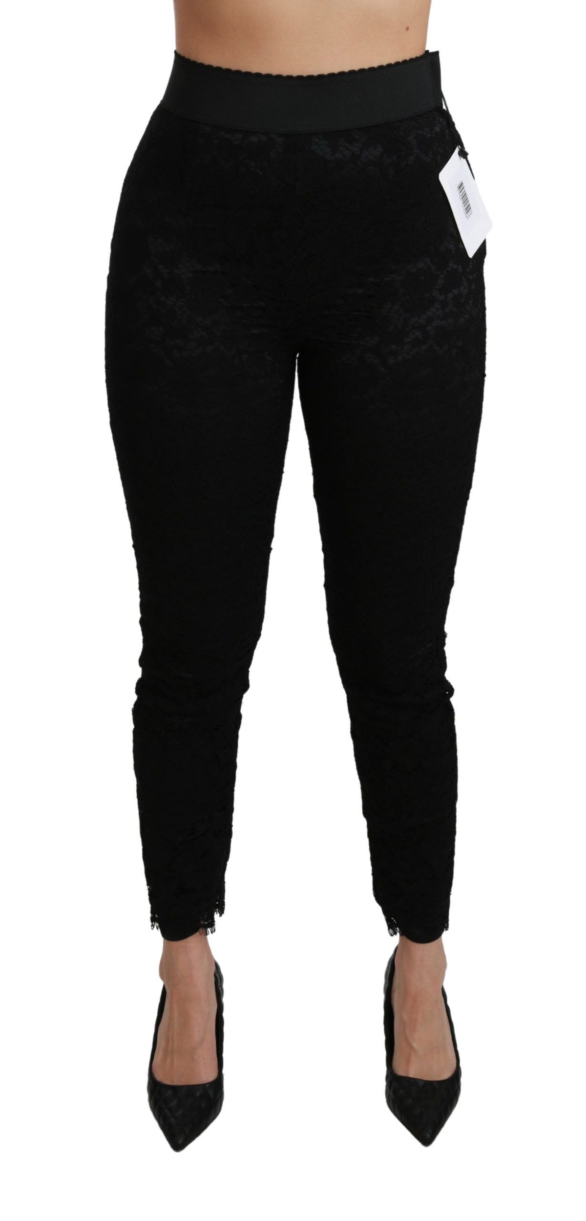 Dolce & Gabbana Schwarze High-Waist-Baumwollhose mit Spitze