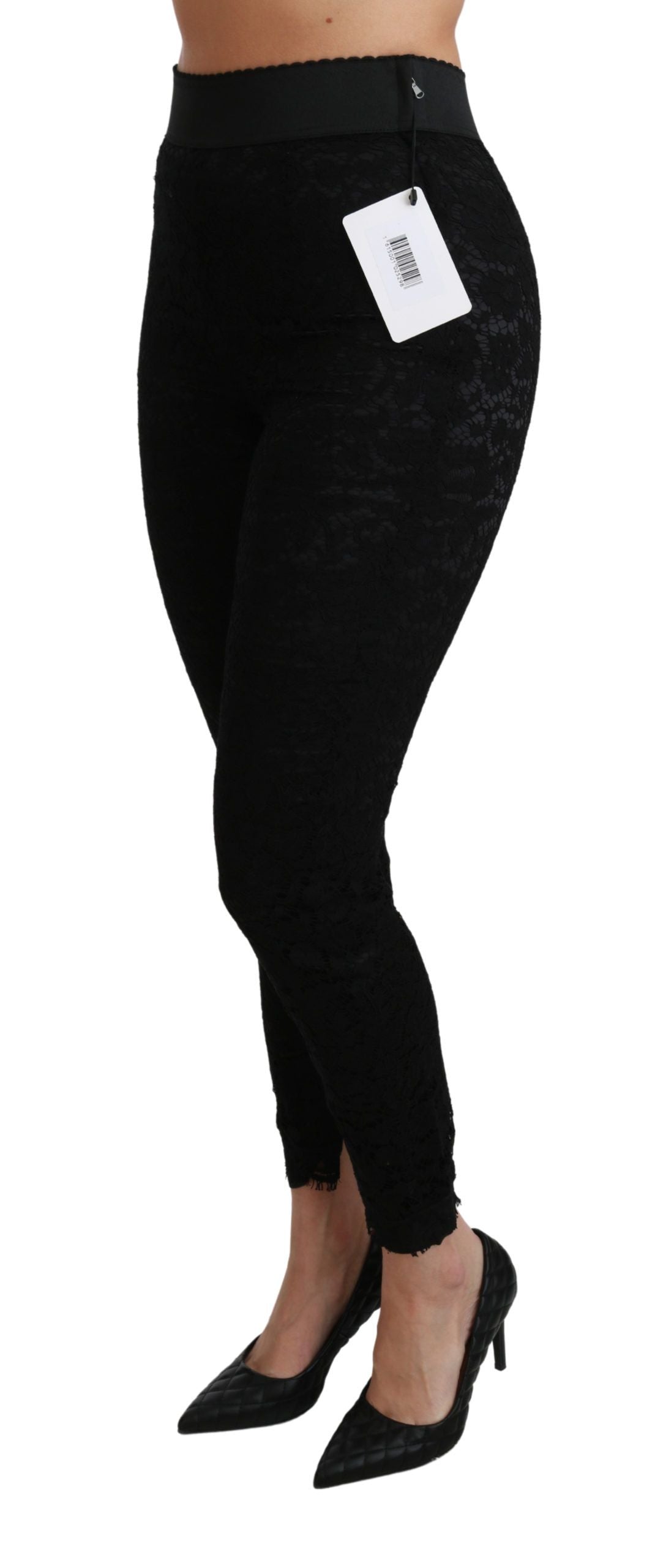 Dolce & Gabbana Schwarze High-Waist-Baumwollhose mit Spitze