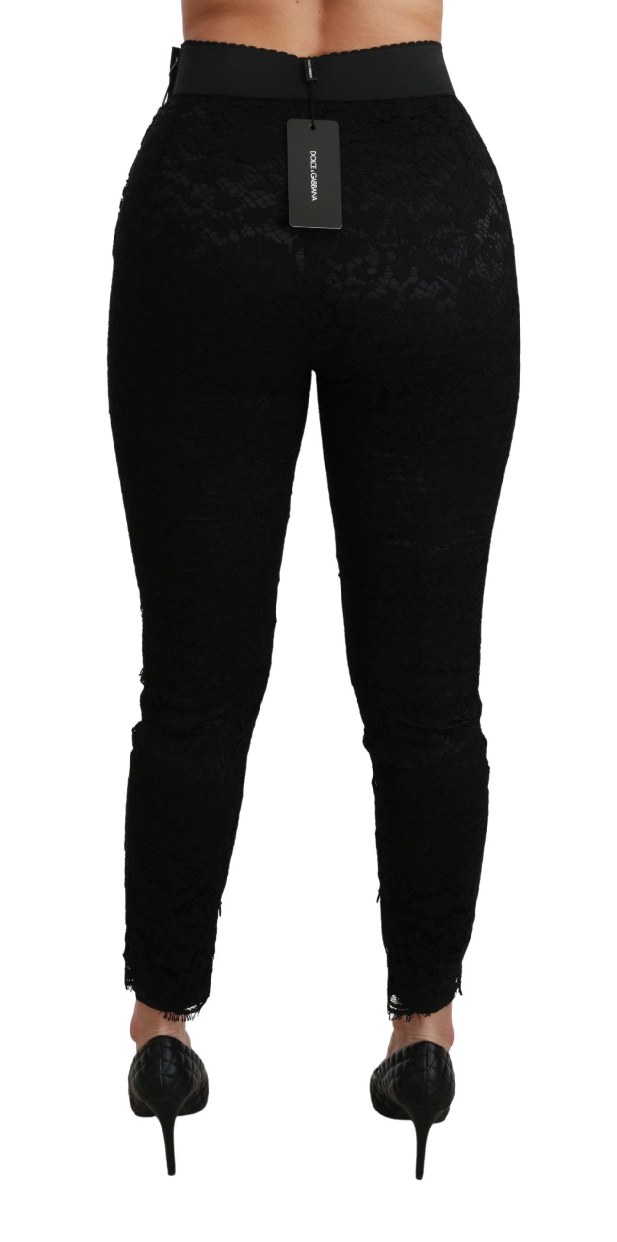 Dolce & Gabbana Schwarze High-Waist-Baumwollhose mit Spitze