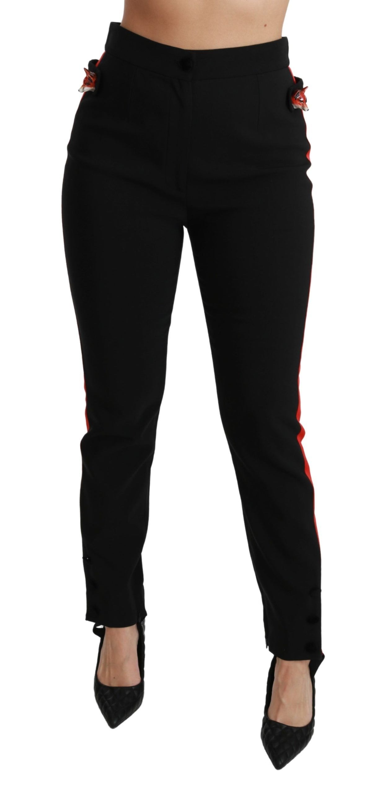 Dolce & Gabbana Schwarze Skinny Stretch Baumwollhose mit Fuchskopf