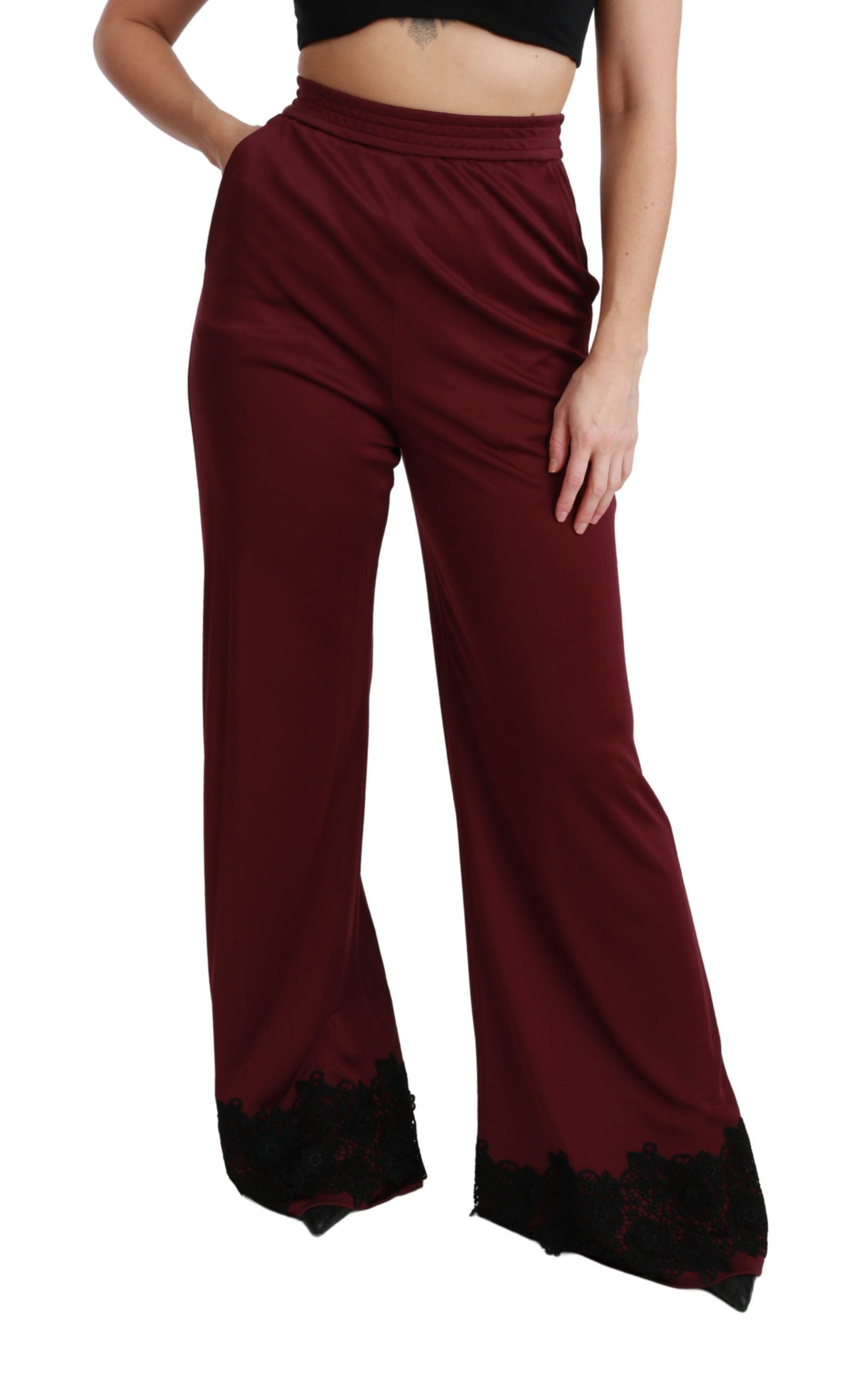 Dolce & Gabbana Schwarze Spitze High Waist Weite Beine Bordeauxfarbene Hose