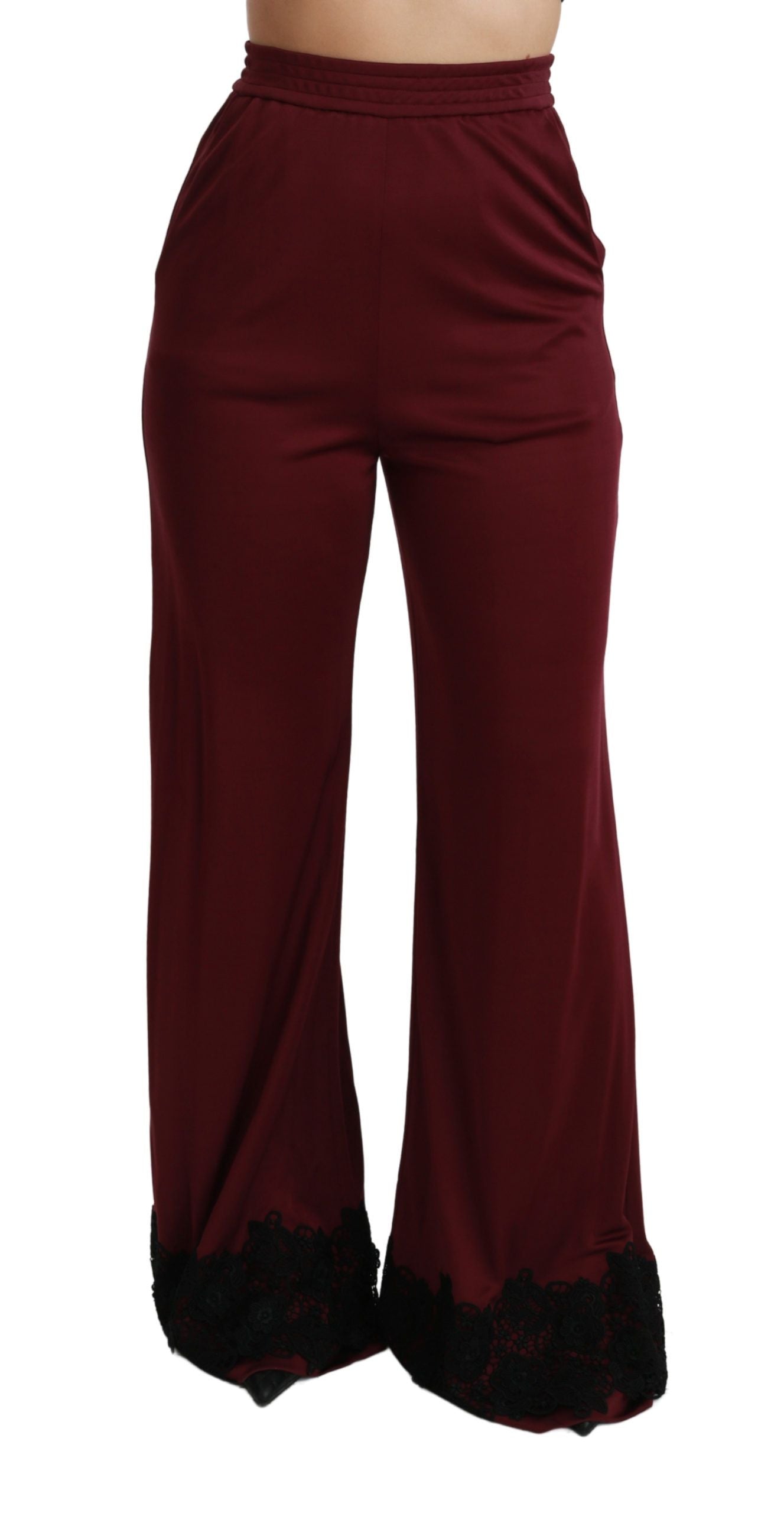 Dolce & Gabbana Schwarze Spitze High Waist Weite Beine Bordeauxfarbene Hose