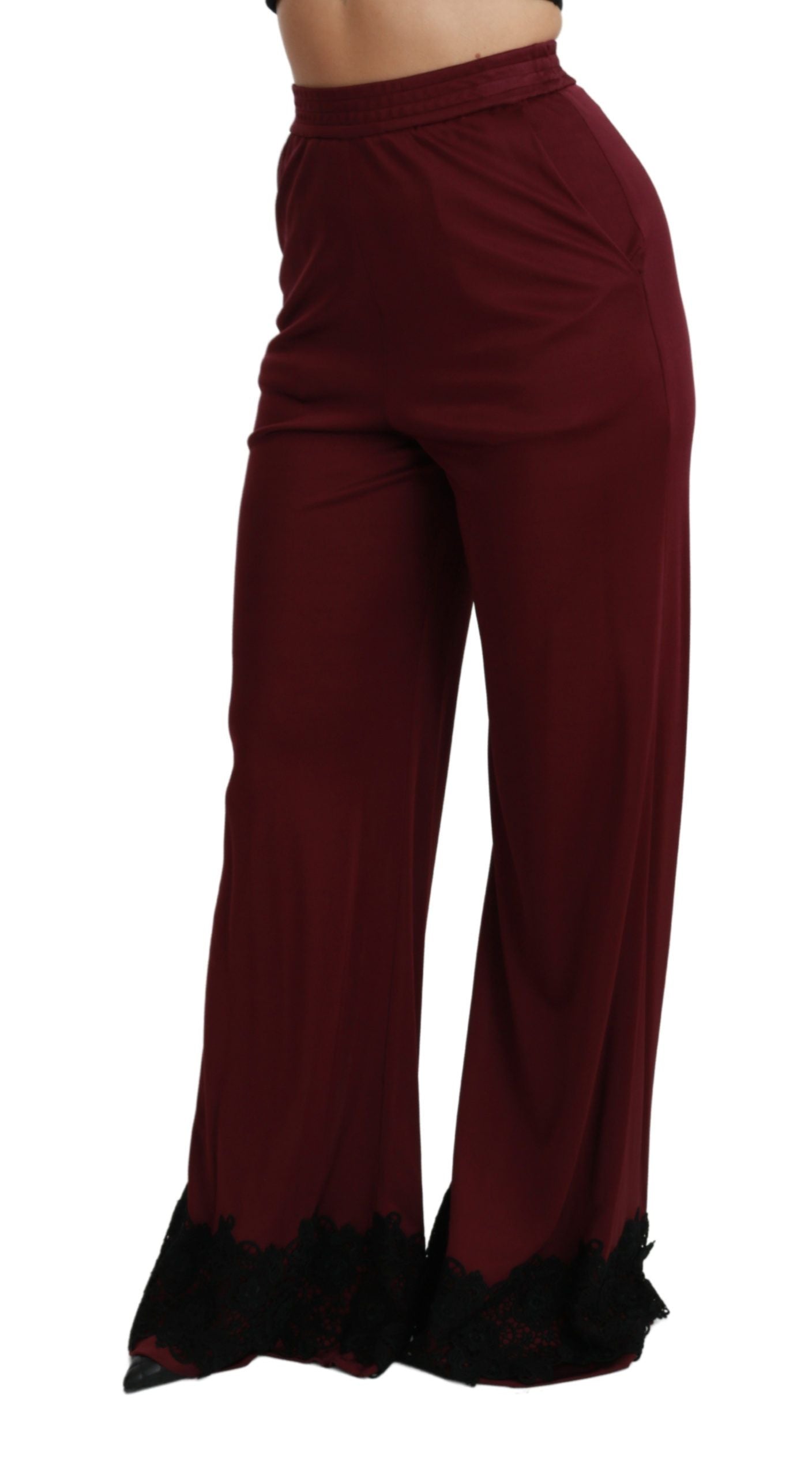 Dolce & Gabbana Schwarze Spitze High Waist Weite Beine Bordeauxfarbene Hose