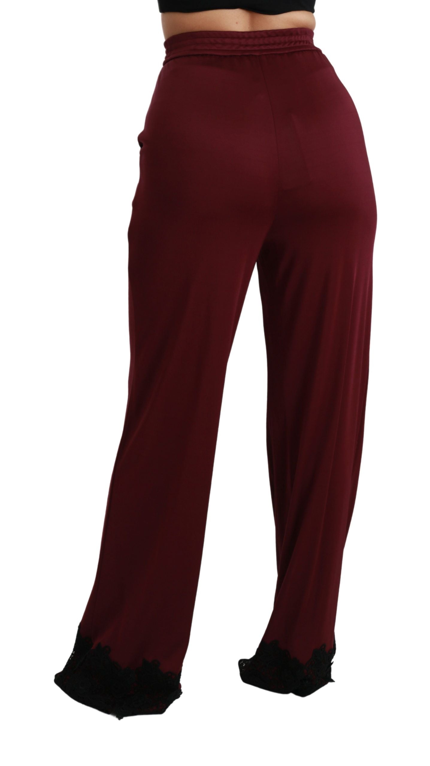 Dolce & Gabbana Schwarze Spitze High Waist Weite Beine Bordeauxfarbene Hose