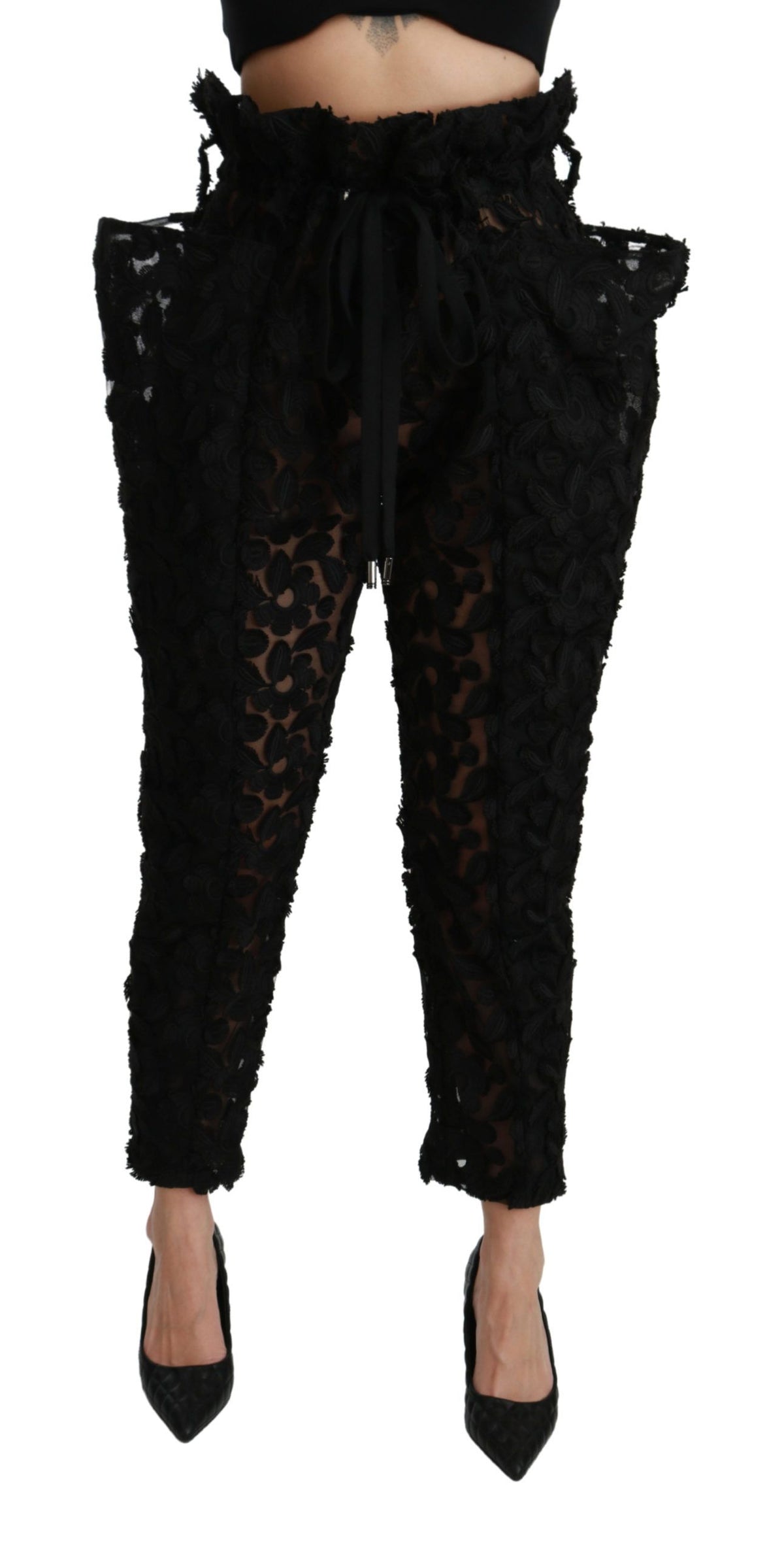 Dolce & Gabbana Schwarze High-Waist-Hose aus floraler Spitze mit schmal zulaufendem Bein