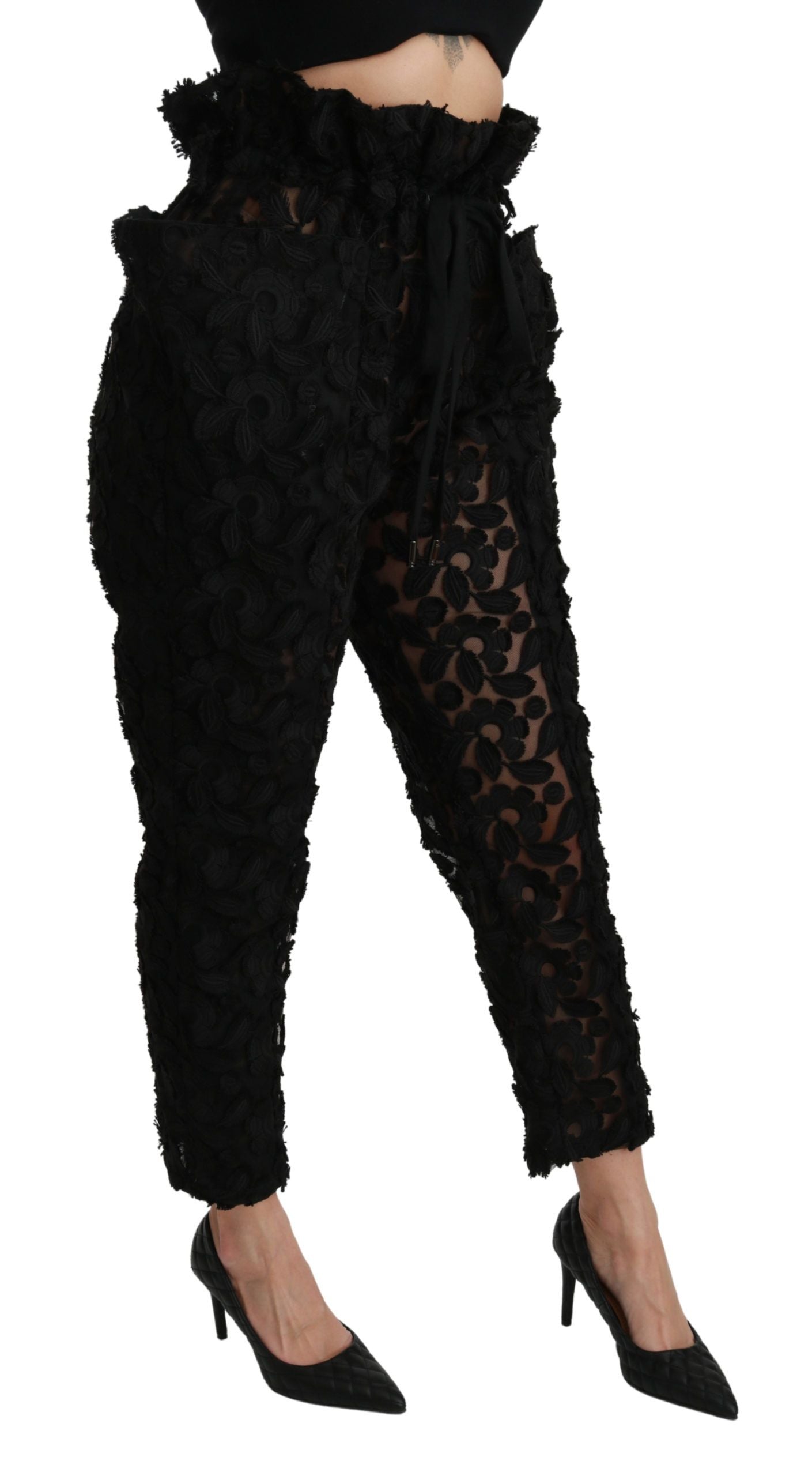 Dolce & Gabbana Schwarze High-Waist-Hose aus floraler Spitze mit schmal zulaufendem Bein