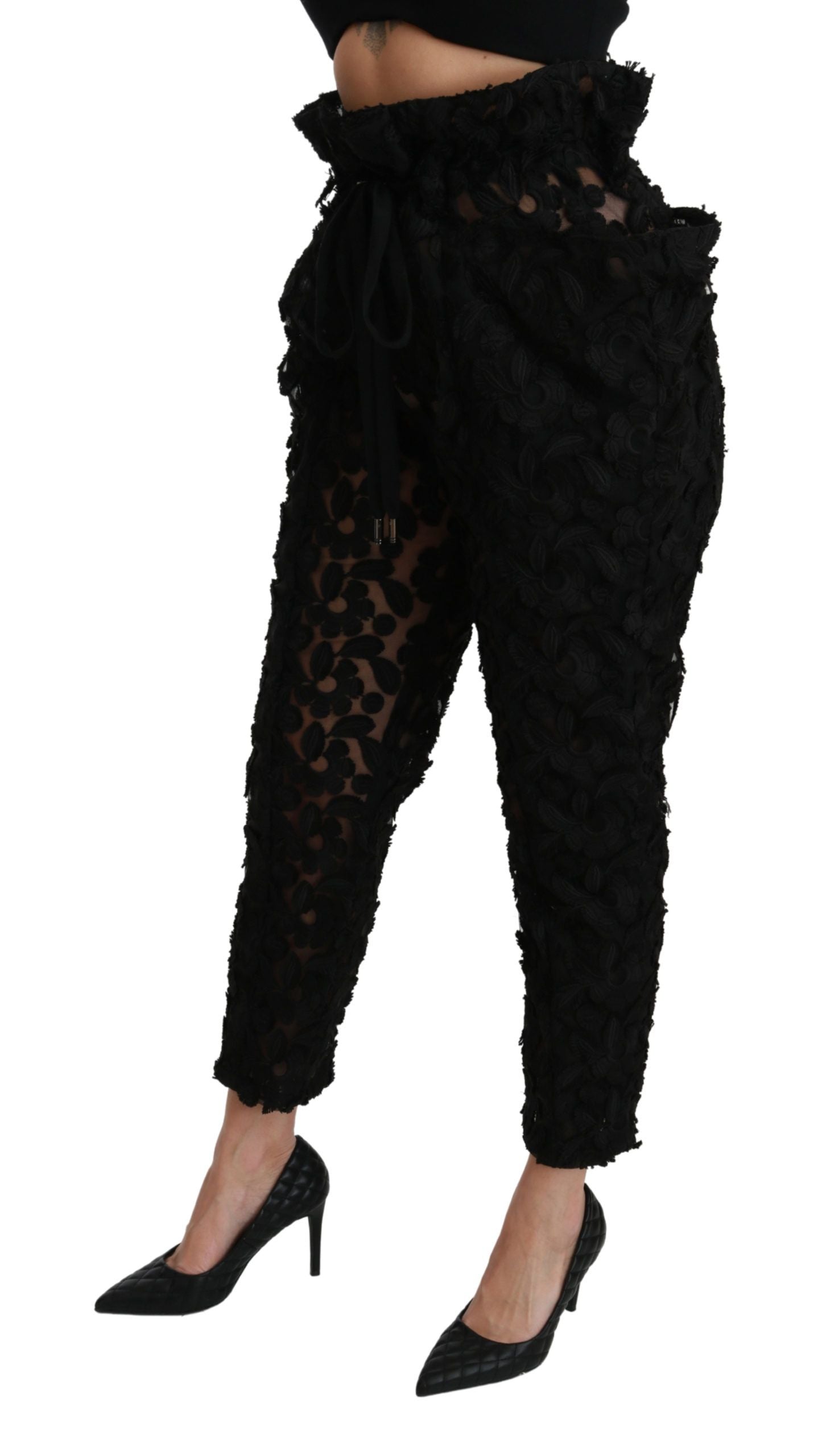 Dolce & Gabbana Schwarze High-Waist-Hose aus floraler Spitze mit schmal zulaufendem Bein