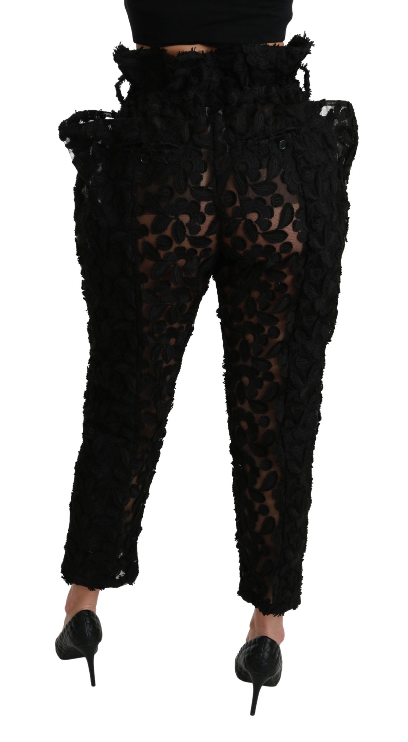 Dolce & Gabbana Schwarze High-Waist-Hose aus floraler Spitze mit schmal zulaufendem Bein