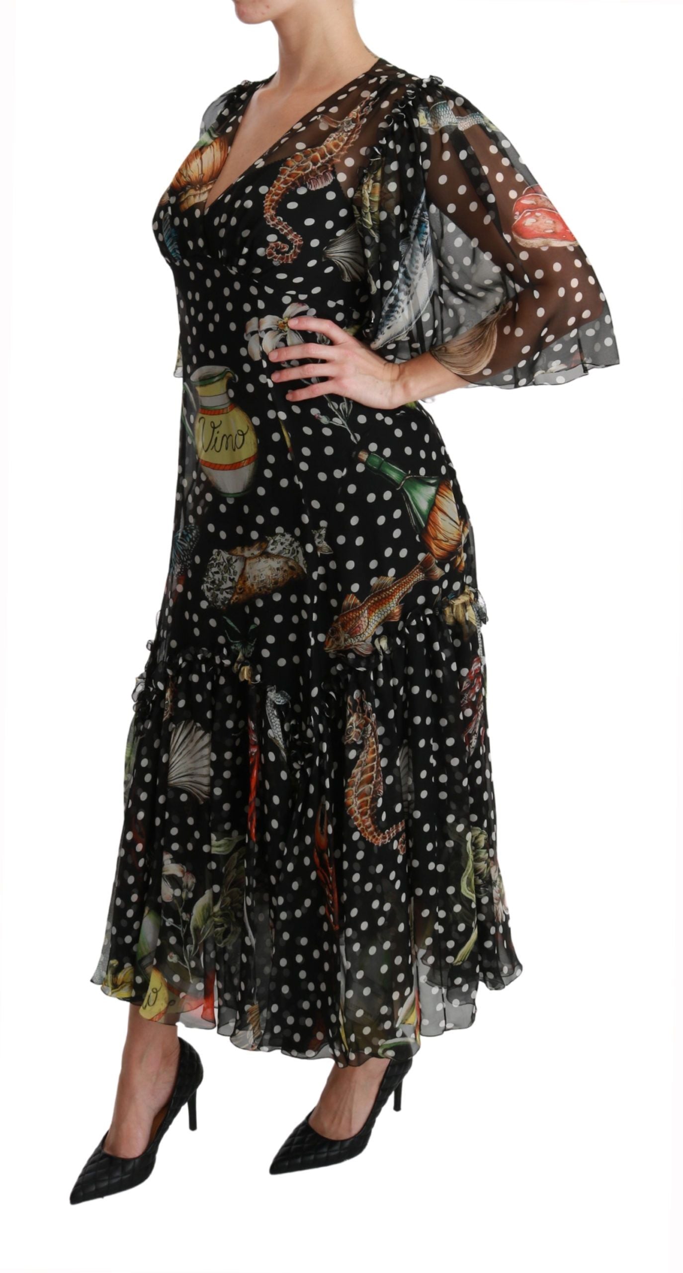 Dolce & Gabbana Schwarzes A-Linien-Shiftkleid mit Seefisch-Motiv aus Sizilien