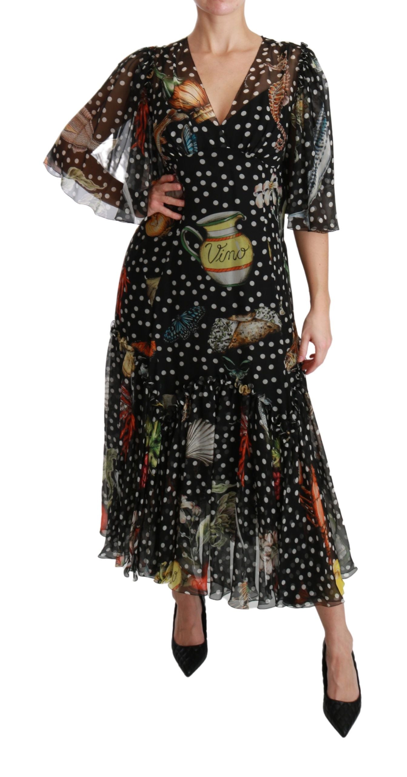 Dolce & Gabbana Schwarzes A-Linien-Shiftkleid mit Seefisch-Motiv aus Sizilien