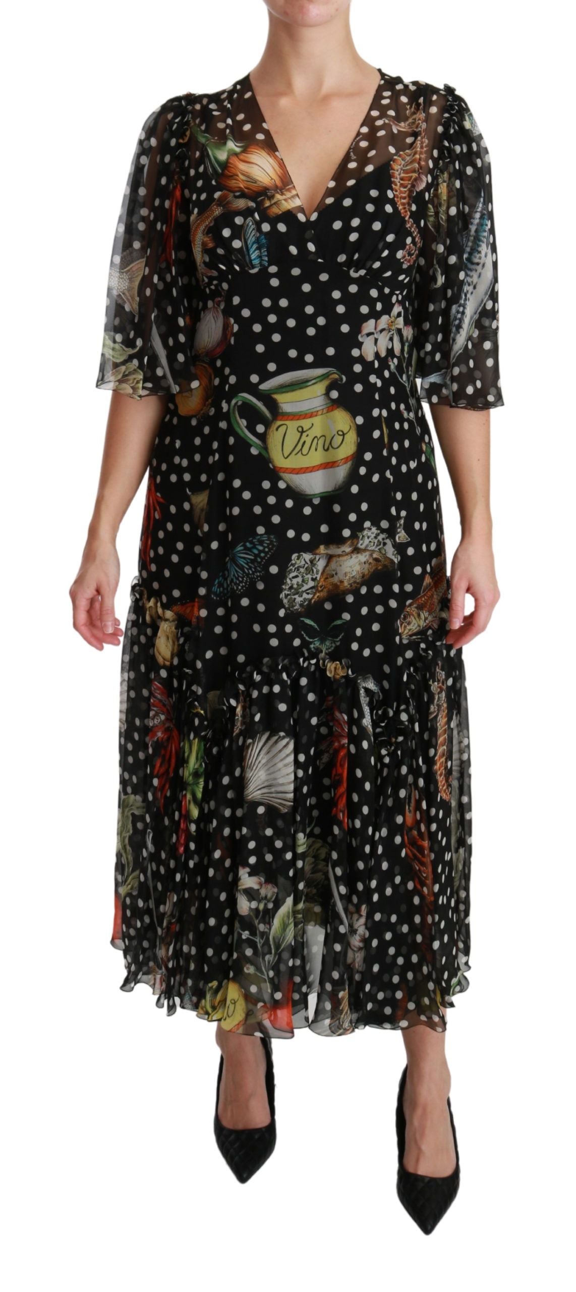 Dolce & Gabbana Schwarzes A-Linien-Shiftkleid mit Seefisch-Motiv aus Sizilien