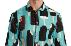 Dolce & Gabbana Blaues Seidenhemd mit Eiscreme-Print