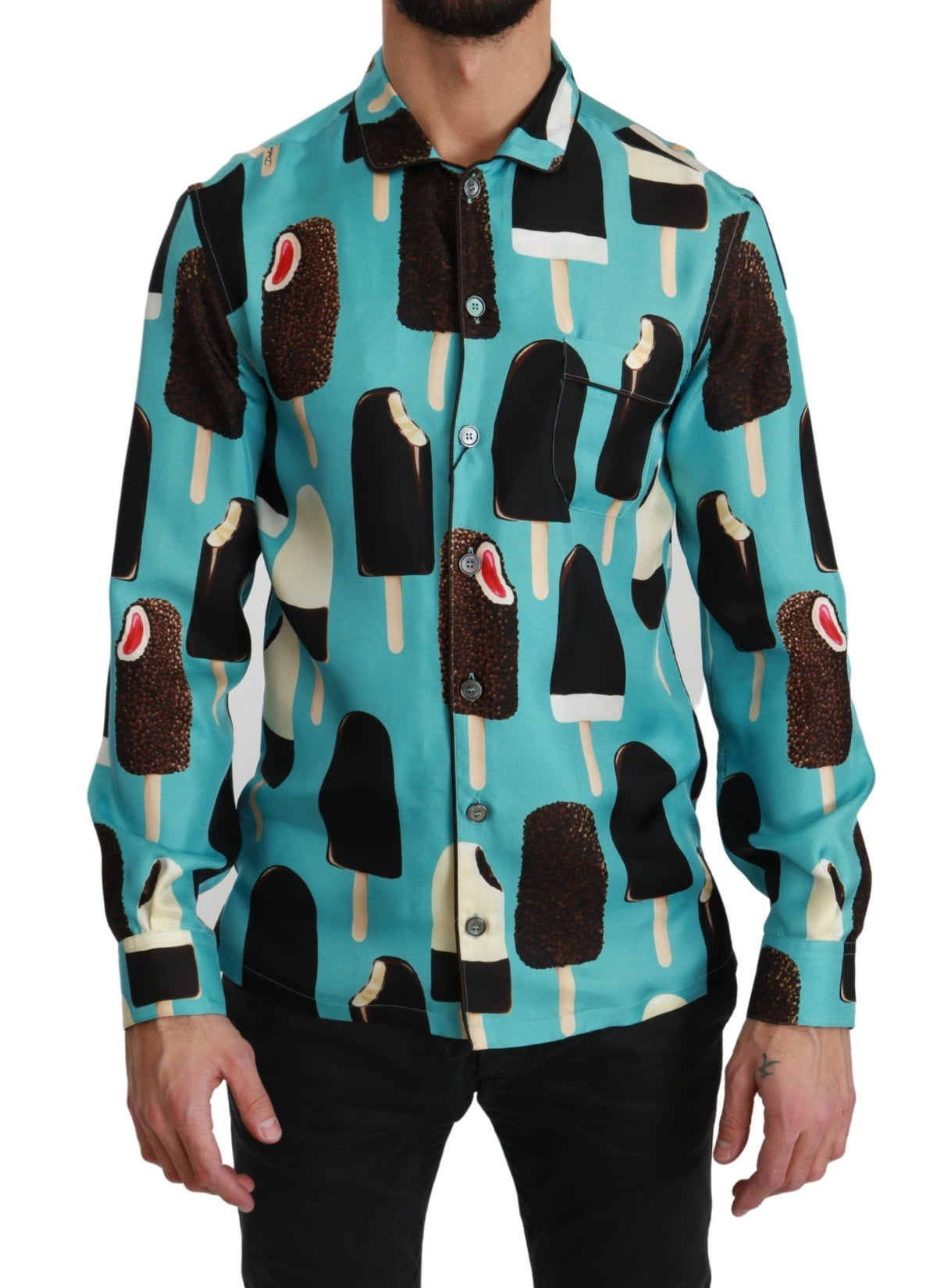 Dolce & Gabbana Blaues Seidenhemd mit Eiscreme-Print