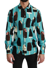 Dolce & Gabbana Blaues Seidenhemd mit Eiscreme-Print