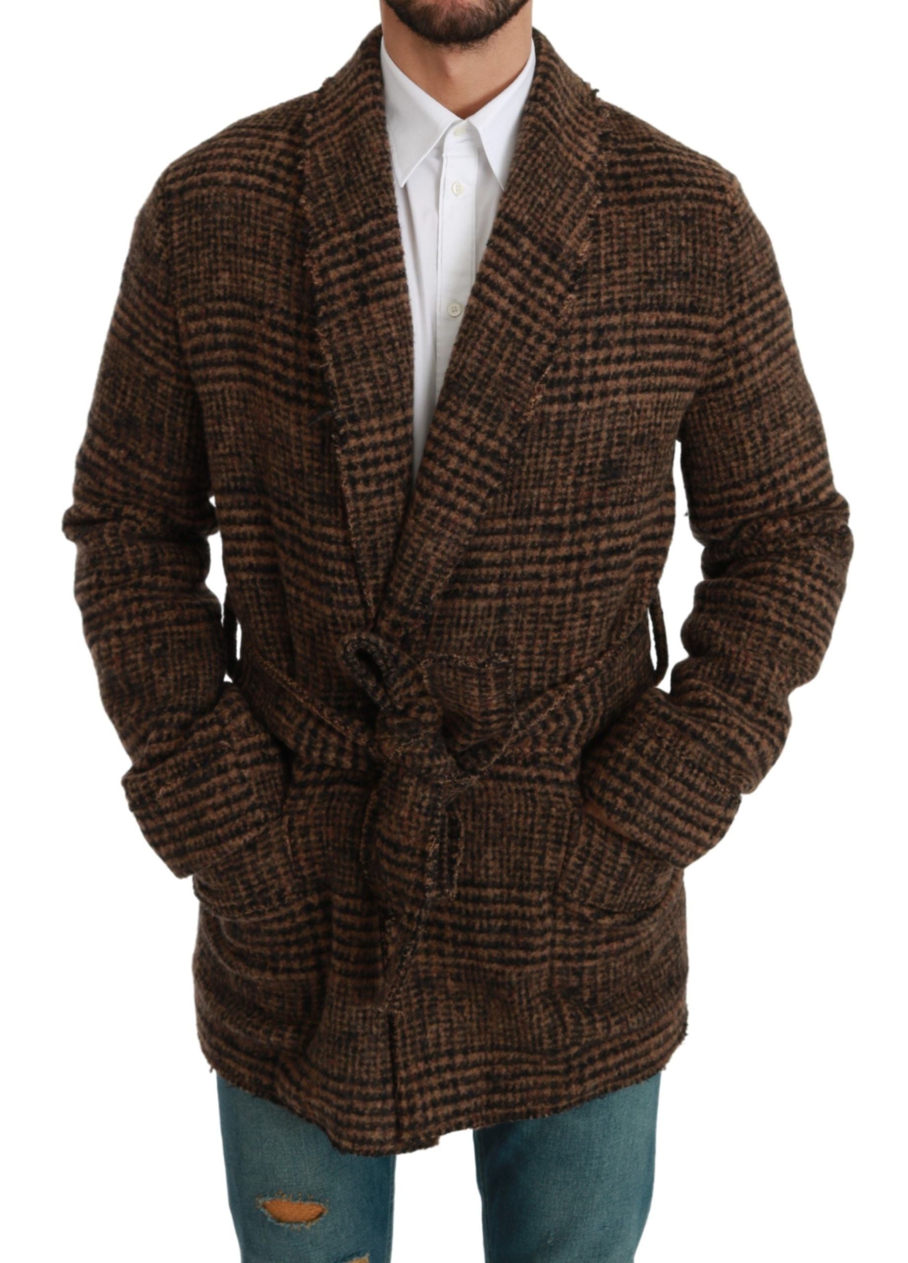 Dolce & Gabbana Brauner Karierter Woll-Robe-Mantel Wickeljacke