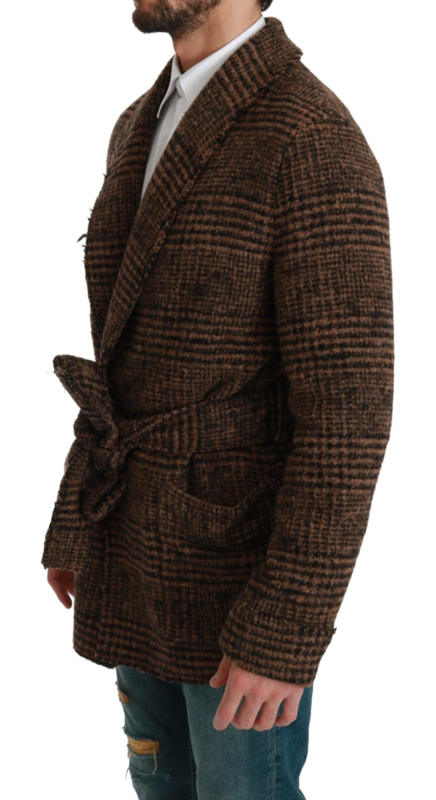 Dolce & Gabbana Brauner Karierter Woll-Robe-Mantel Wickeljacke