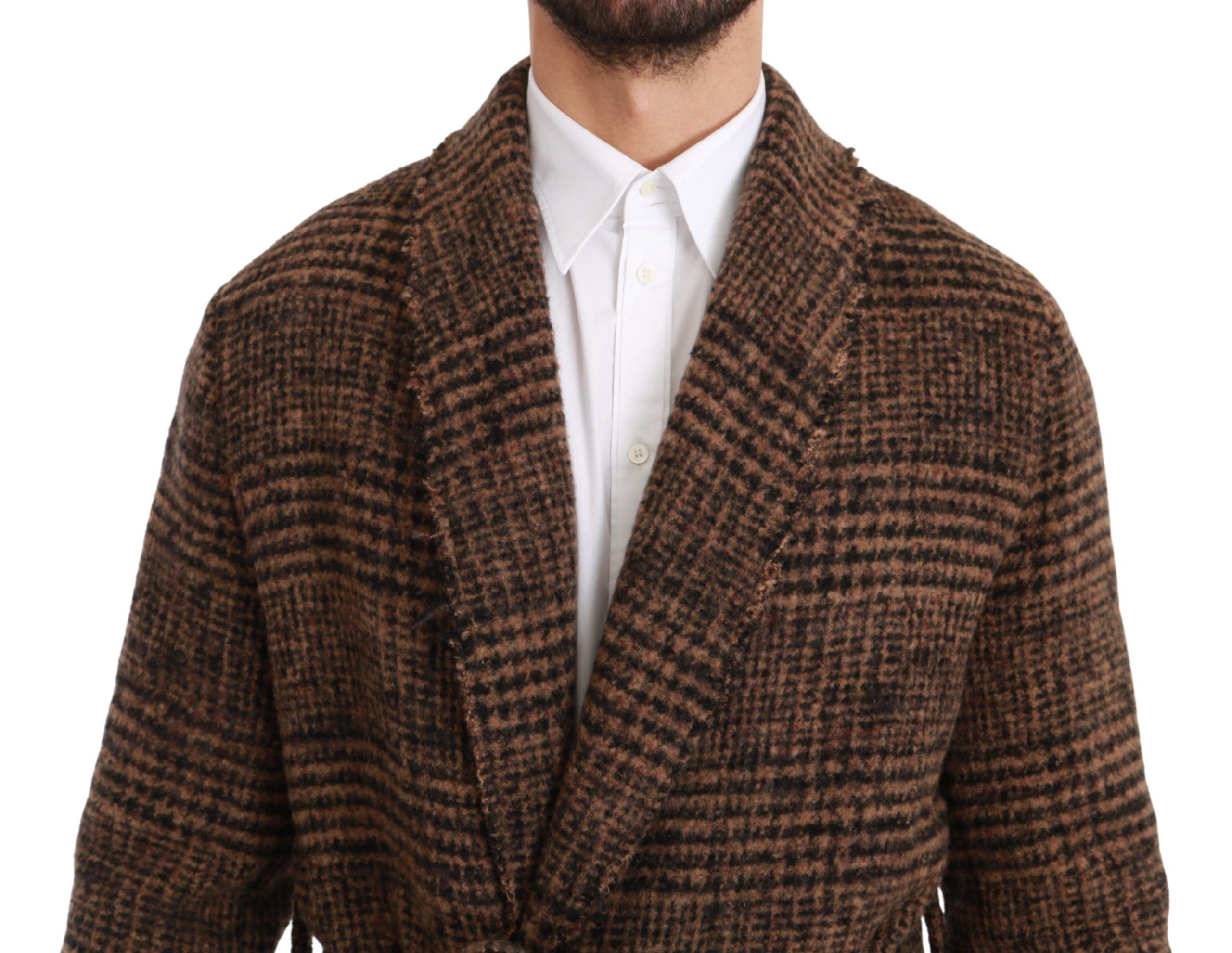 Dolce & Gabbana Brauner Karierter Woll-Robe-Mantel Wickeljacke