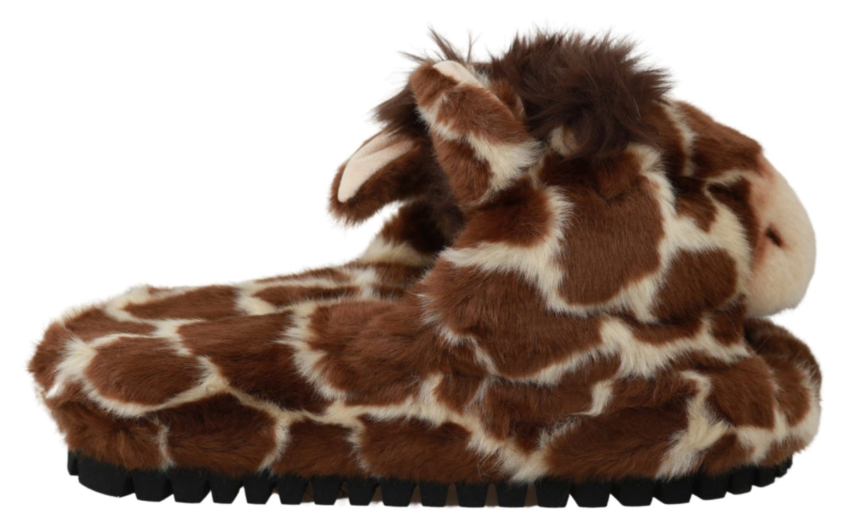 Dolce & Gabbana Braune Giraffen-Slipper Flats Sandalen Schuhe