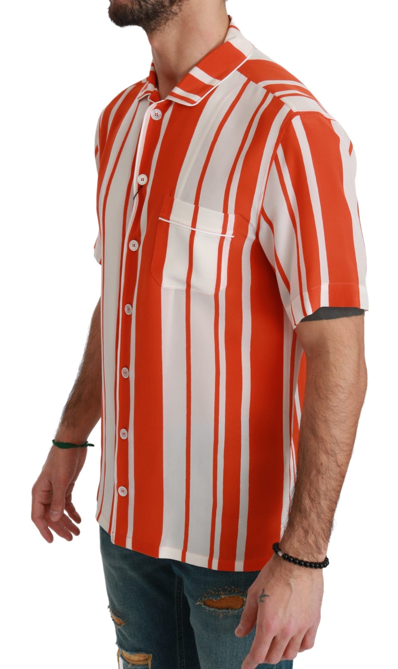 Dolce & Gabbana orangefarbenes gestreiftes kurzärmeliges Seidenhemd in Weiß