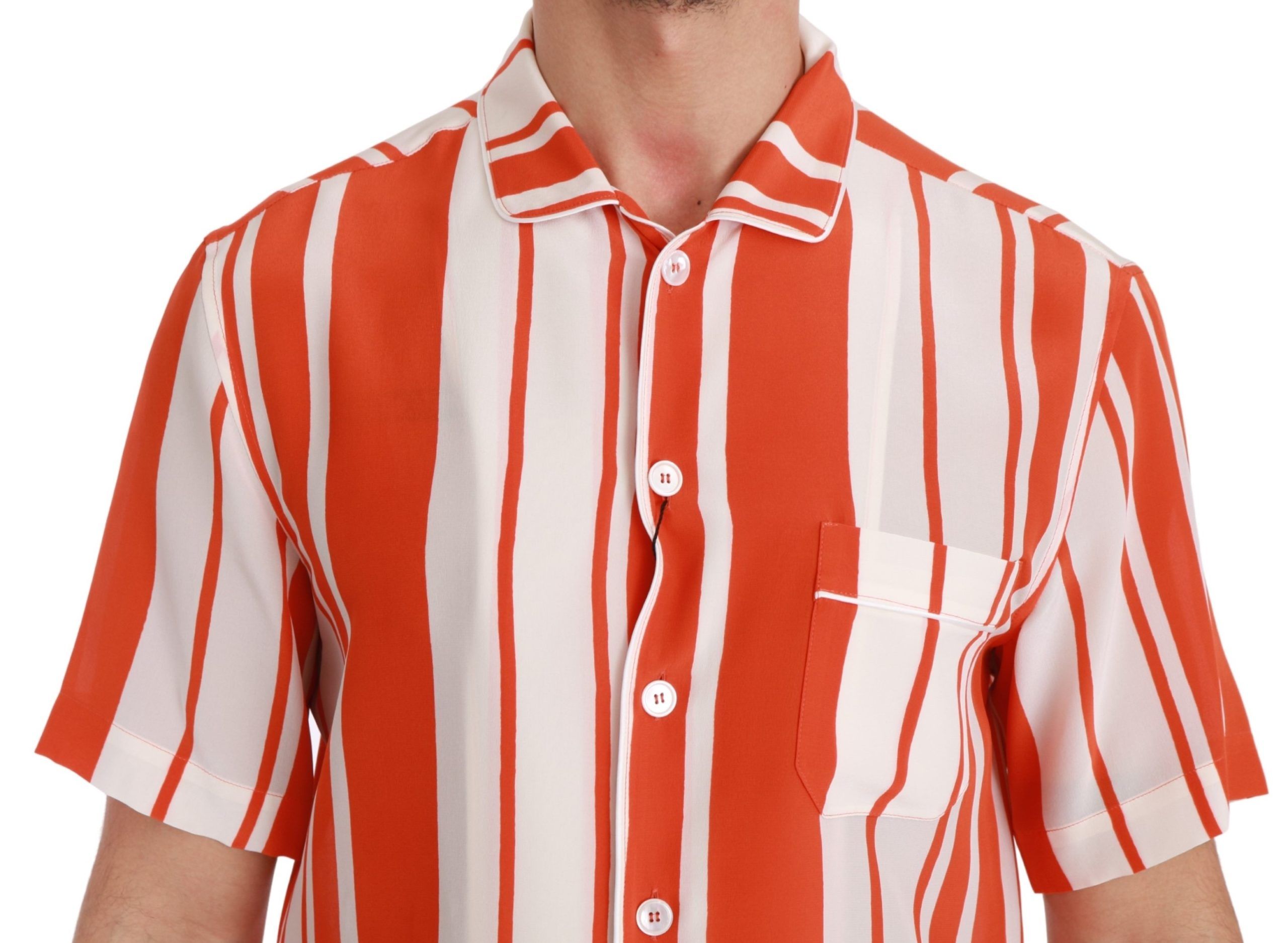 Dolce & Gabbana orangefarbenes gestreiftes kurzärmeliges Seidenhemd in Weiß