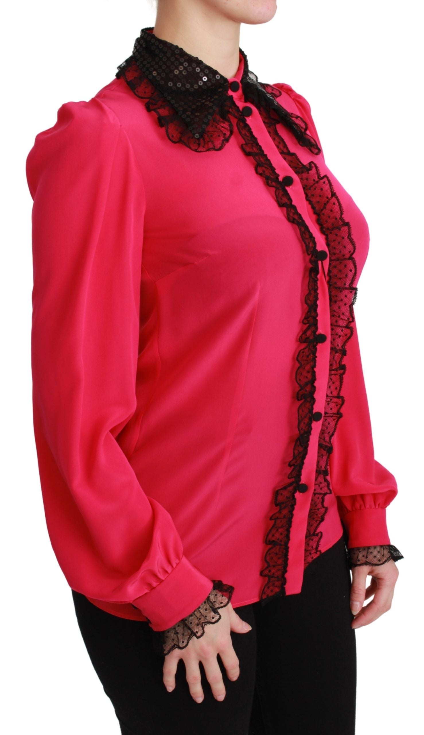 Dolce & Gabbana Rosa Seiden Bluse mit schwarzen Pailletten und Spitze