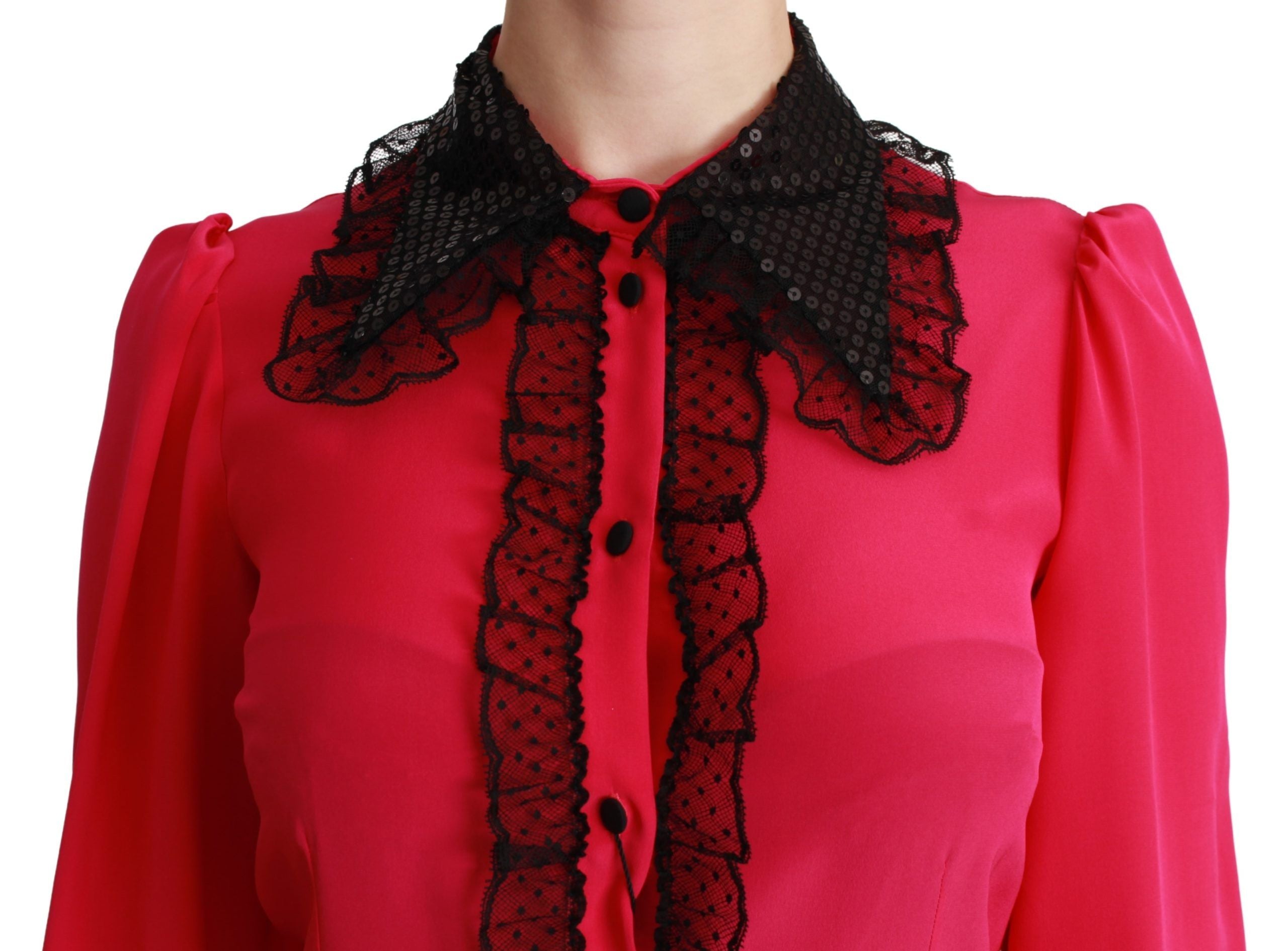 Dolce & Gabbana Rosa Seiden Bluse mit schwarzen Pailletten und Spitze