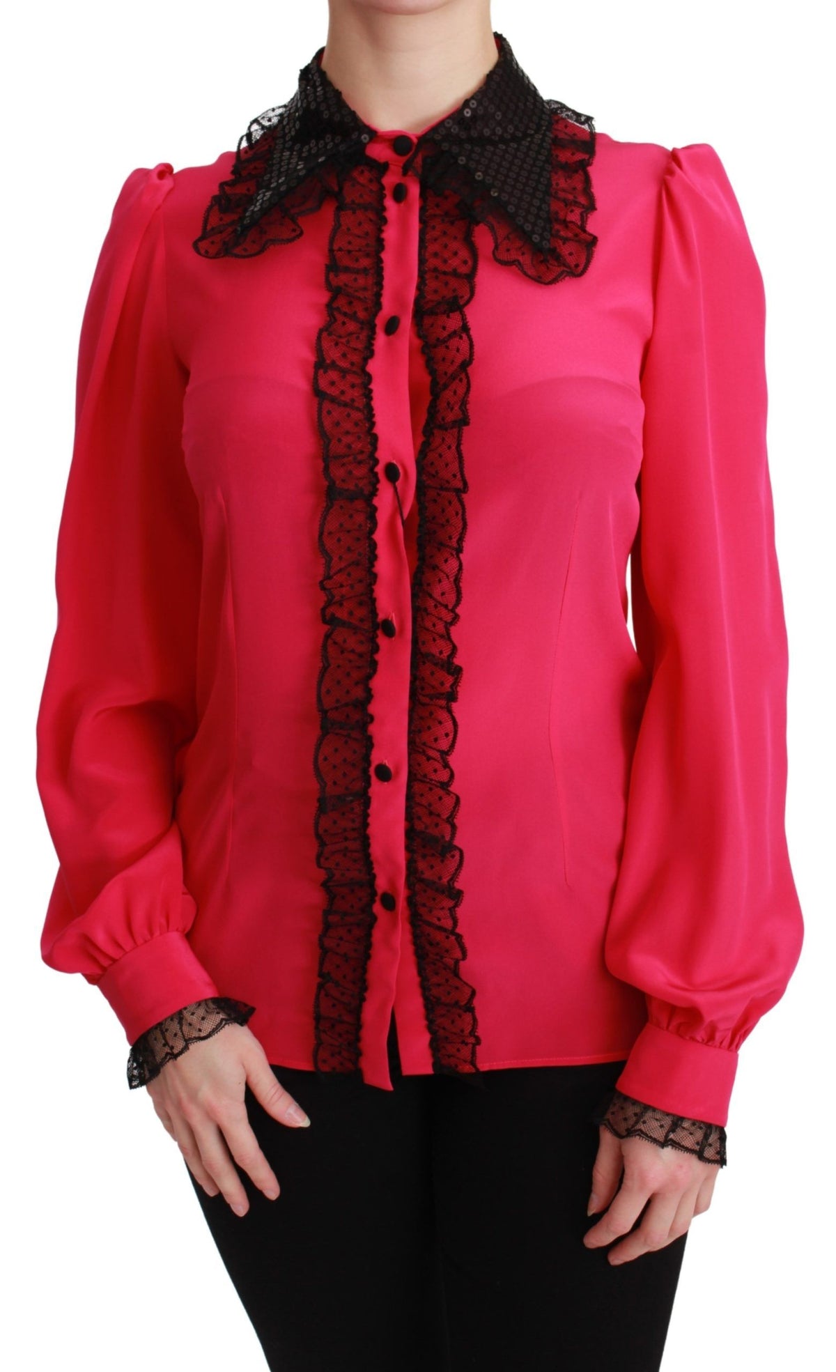 Dolce & Gabbana Rosa Seiden Bluse mit schwarzen Pailletten und Spitze