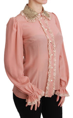 Dolce & Gabbana Roze Zijden Gouden Pailletten Kanten Blouse Shirt