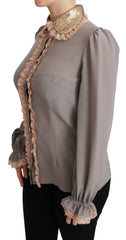 Dolce & Gabbana Graue Seidenbluse mit goldenen Pailletten und Spitze