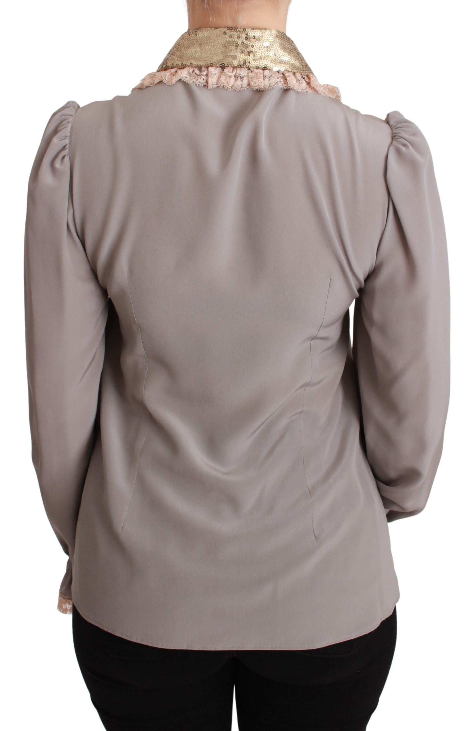 Dolce & Gabbana Graue Seidenbluse mit goldenen Pailletten und Spitze