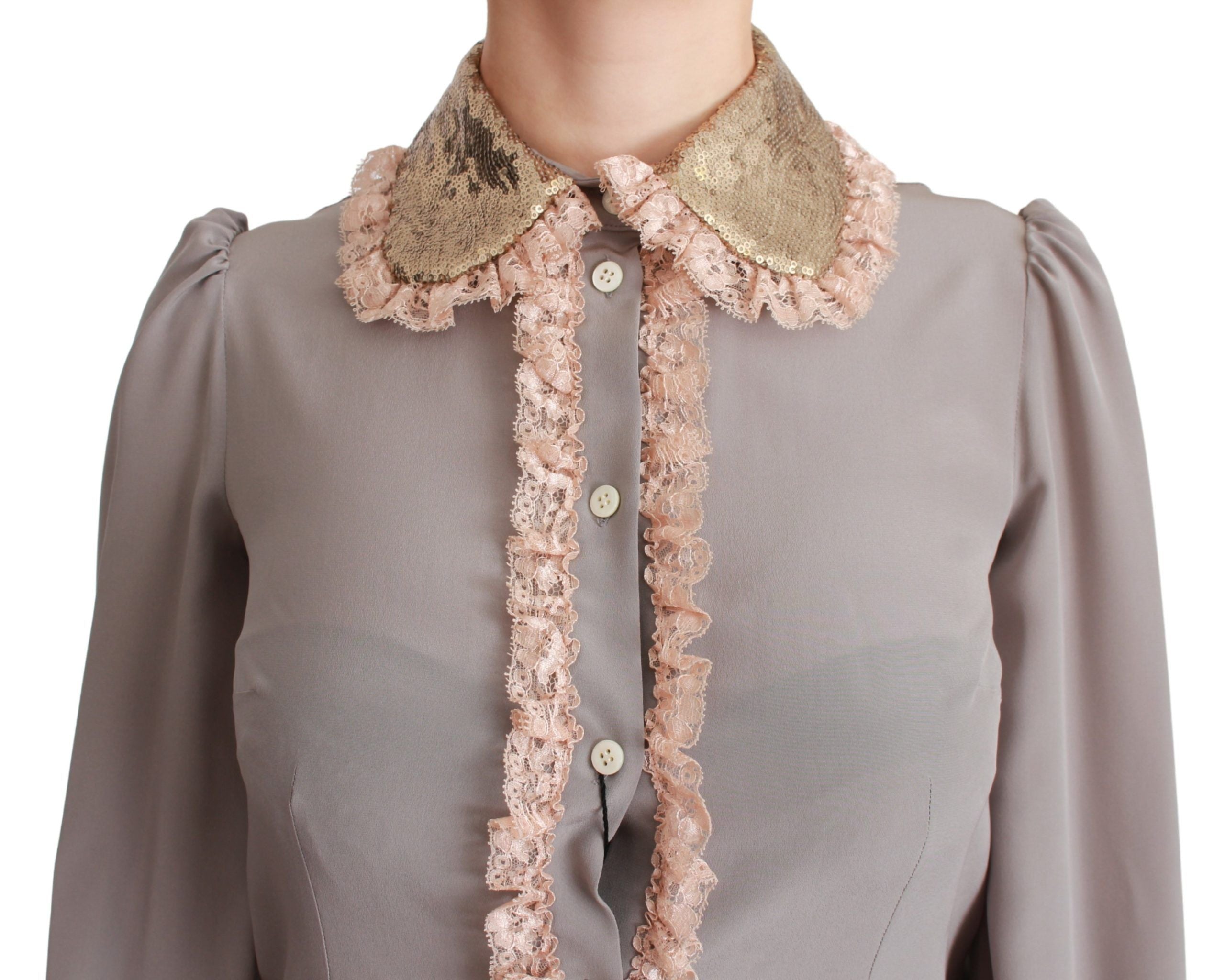 Dolce & Gabbana Graue Seidenbluse mit goldenen Pailletten und Spitze