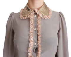 Dolce & Gabbana Graue Seidenbluse mit goldenen Pailletten und Spitze
