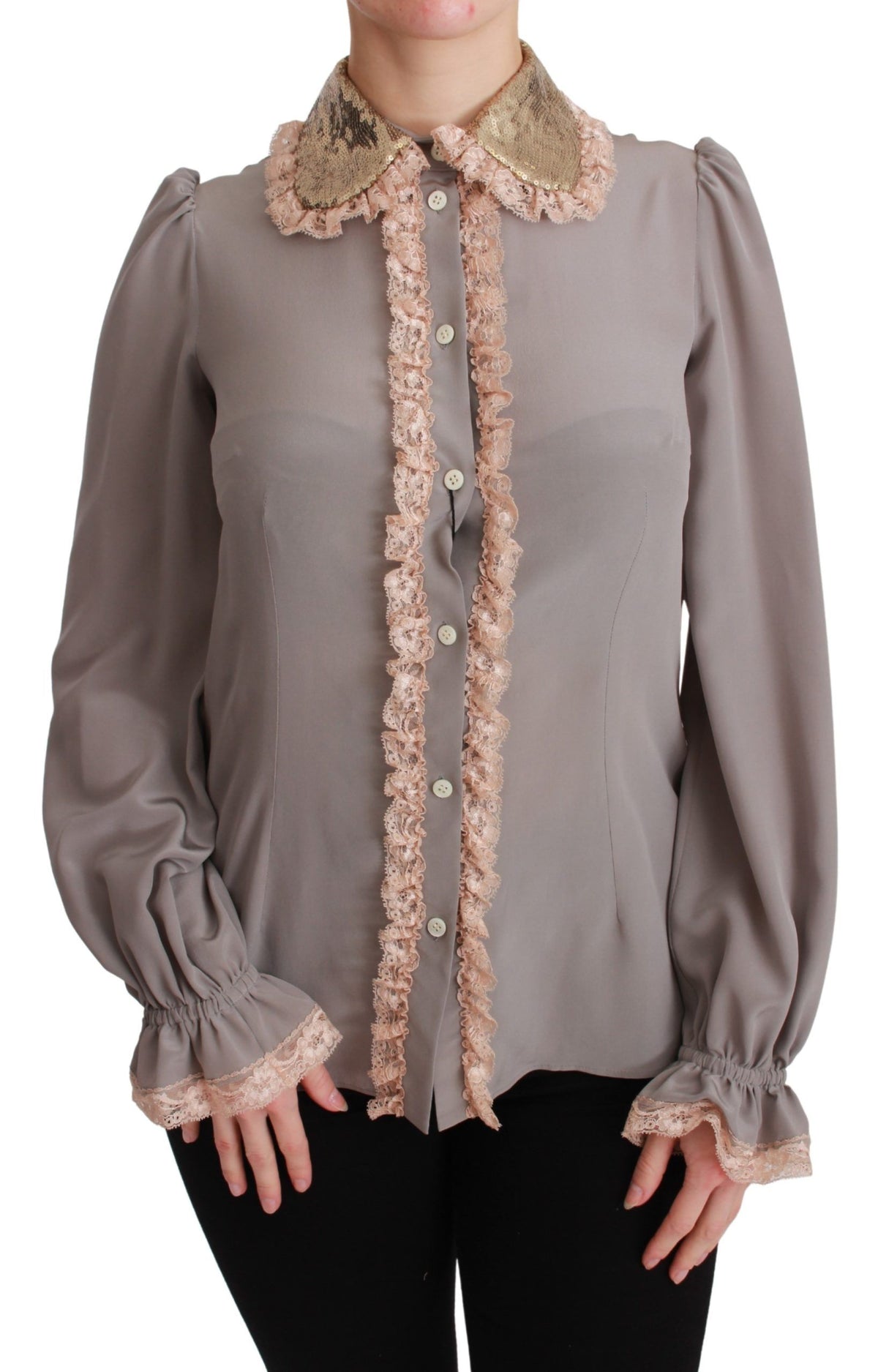 Dolce & Gabbana Graue Seidenbluse mit goldenen Pailletten und Spitze
