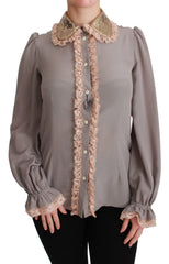 Dolce & Gabbana Graue Seidenbluse mit goldenen Pailletten und Spitze
