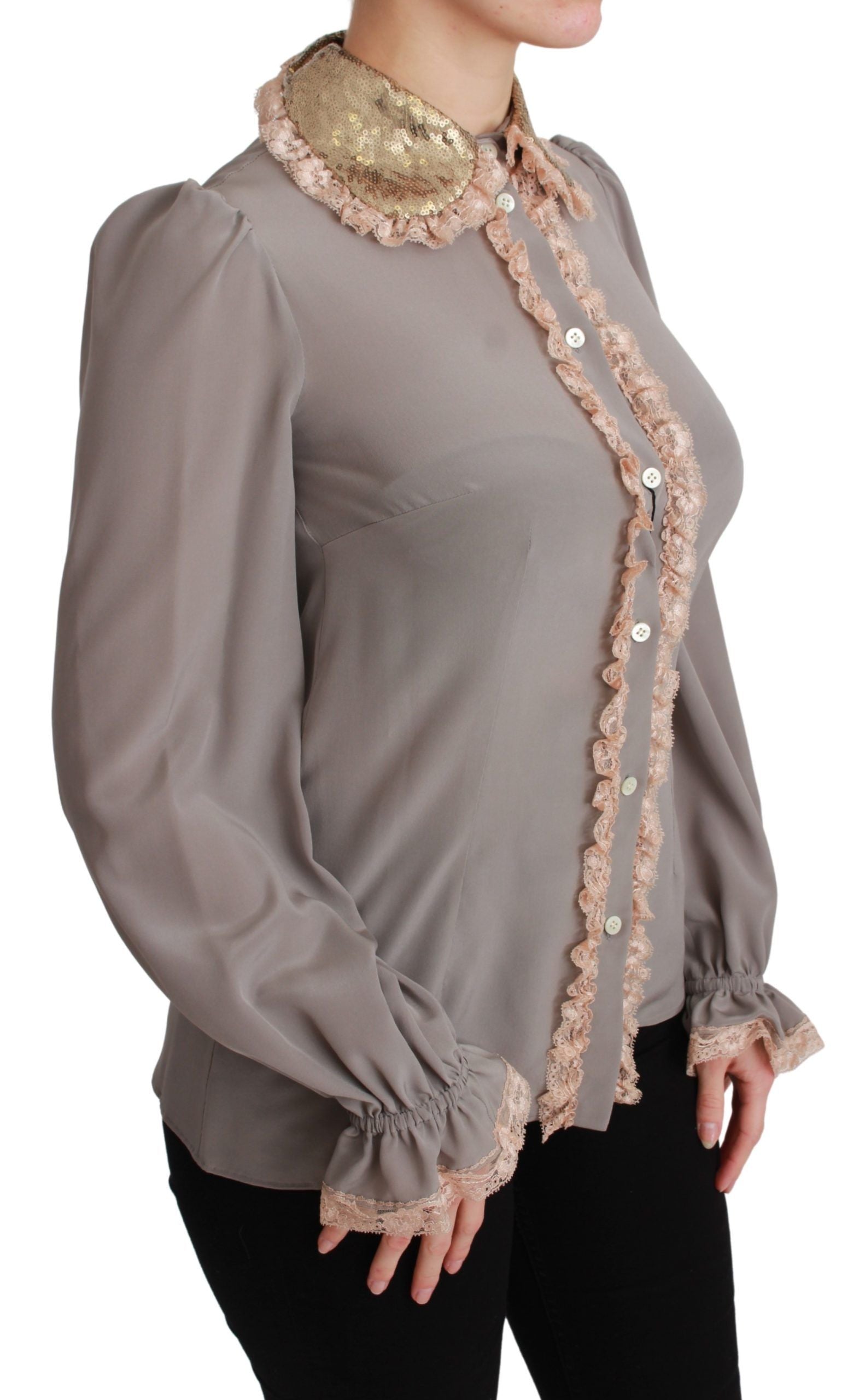 Dolce & Gabbana Graue Seidenbluse mit goldenen Pailletten und Spitze