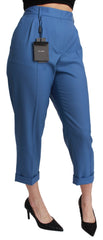 Dolce & Gabbana Blauwe Geplooide Wollen Cropped Broek met Manchetten
