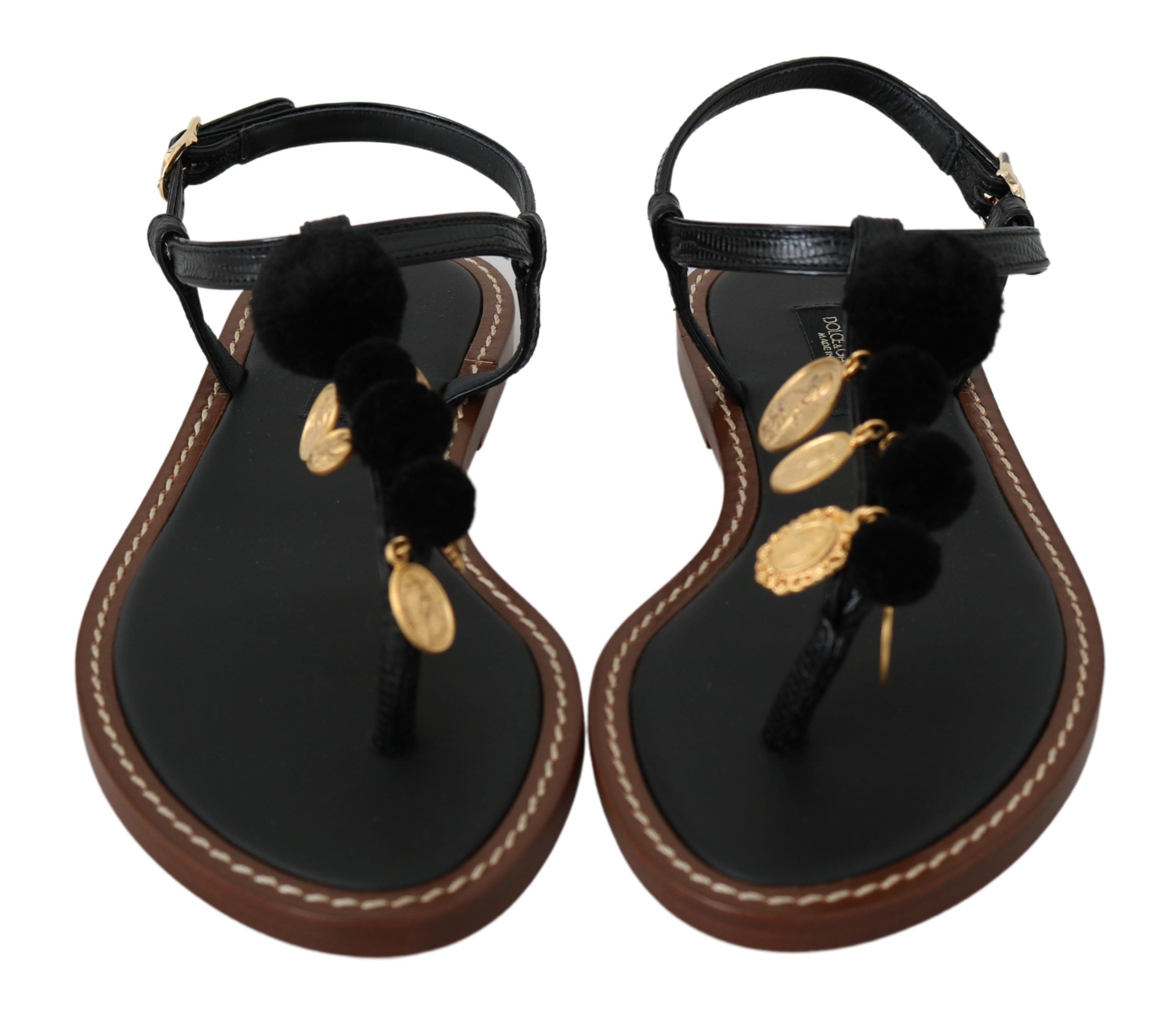 Dolce & Gabbana Schwarze Leder Flip-Flops Sandalen Schuhe mit Münzen