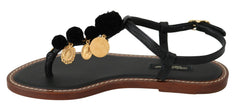 Dolce & Gabbana Schwarze Leder Flip-Flops Sandalen Schuhe mit Münzen