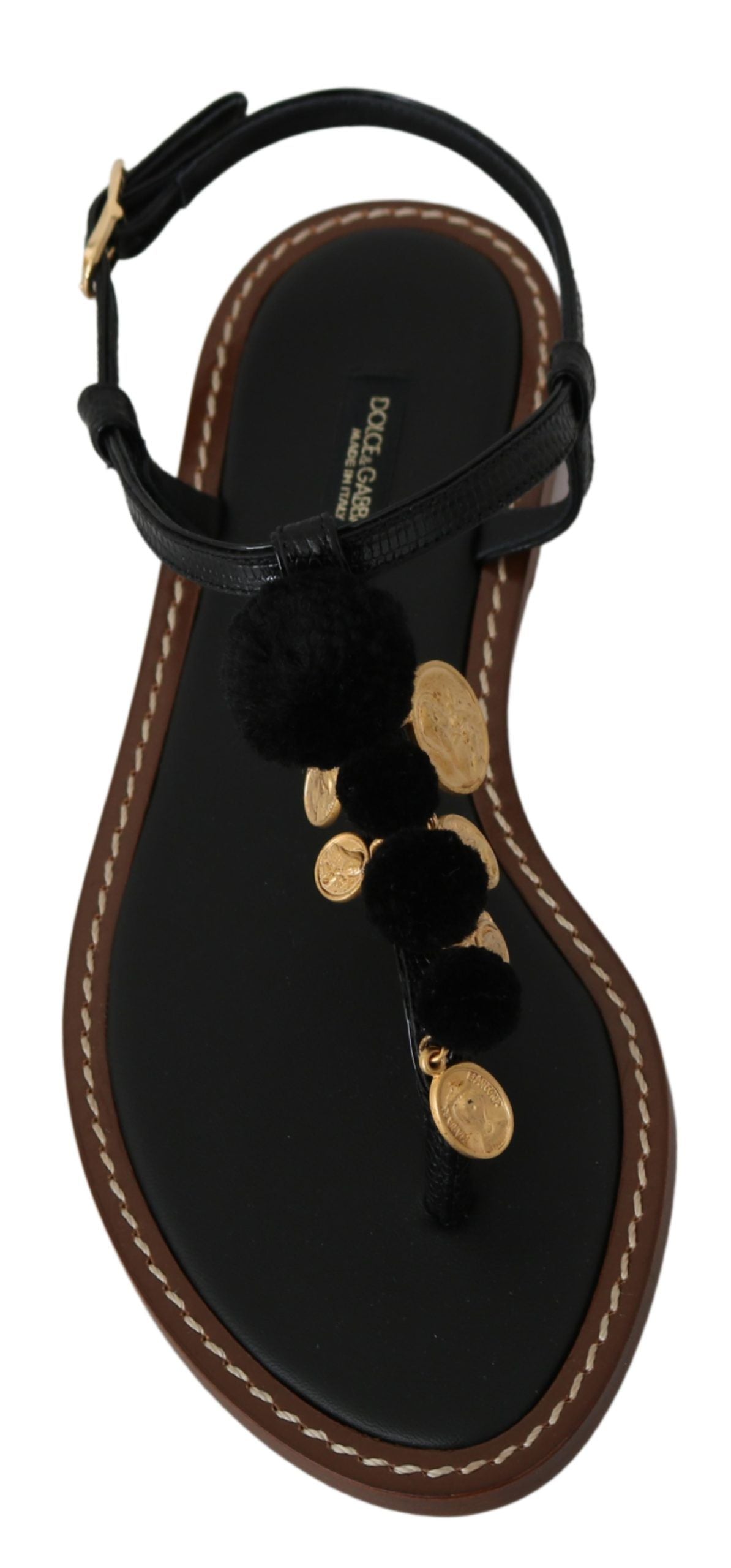 Dolce & Gabbana Schwarze Leder Flip-Flops Sandalen Schuhe mit Münzen