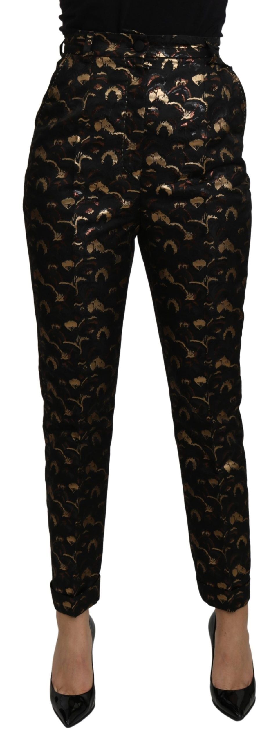 Dolce & Gabbana Schwarze High-Waist-Hose aus Goldbrokat