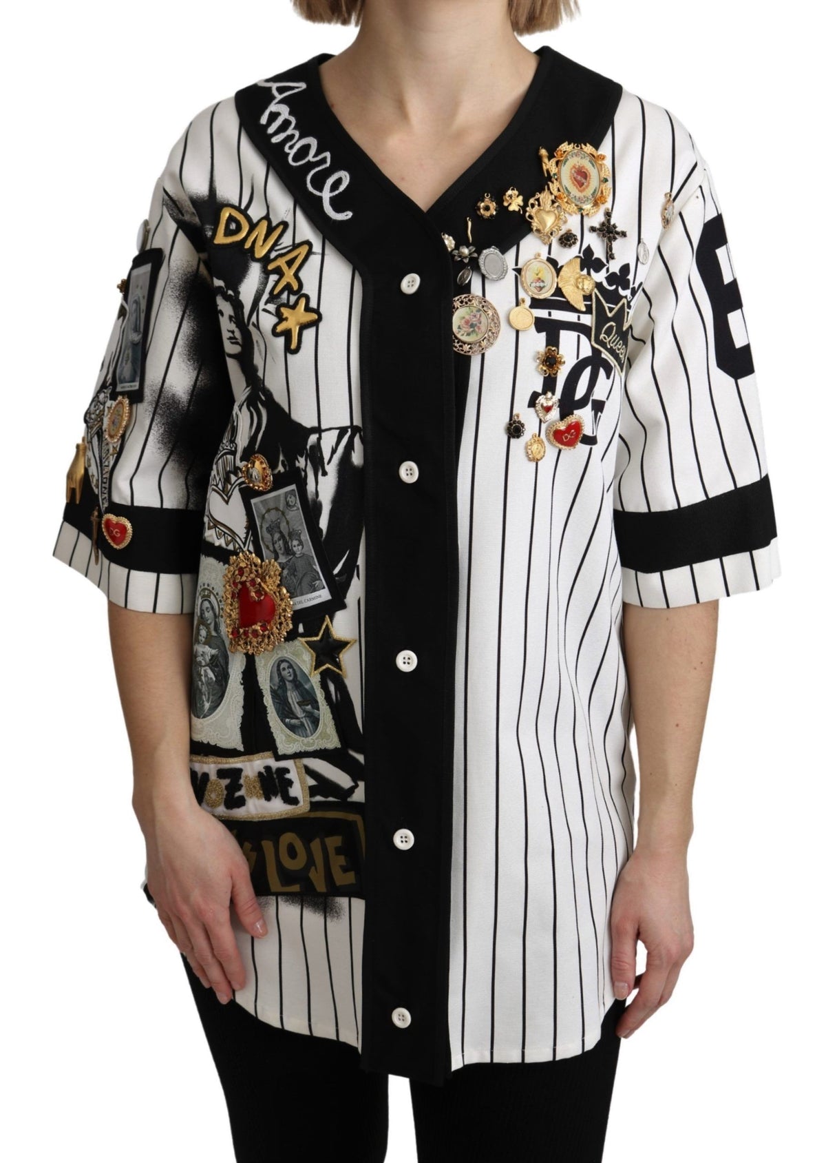 Dolce & Gabbana Weiße und schwarze Bluse Baumwolle Kristallanhänger Amore Hemd