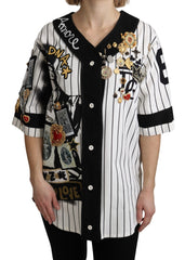 Dolce & Gabbana Weiße und schwarze Bluse Baumwolle Kristallanhänger Amore Hemd