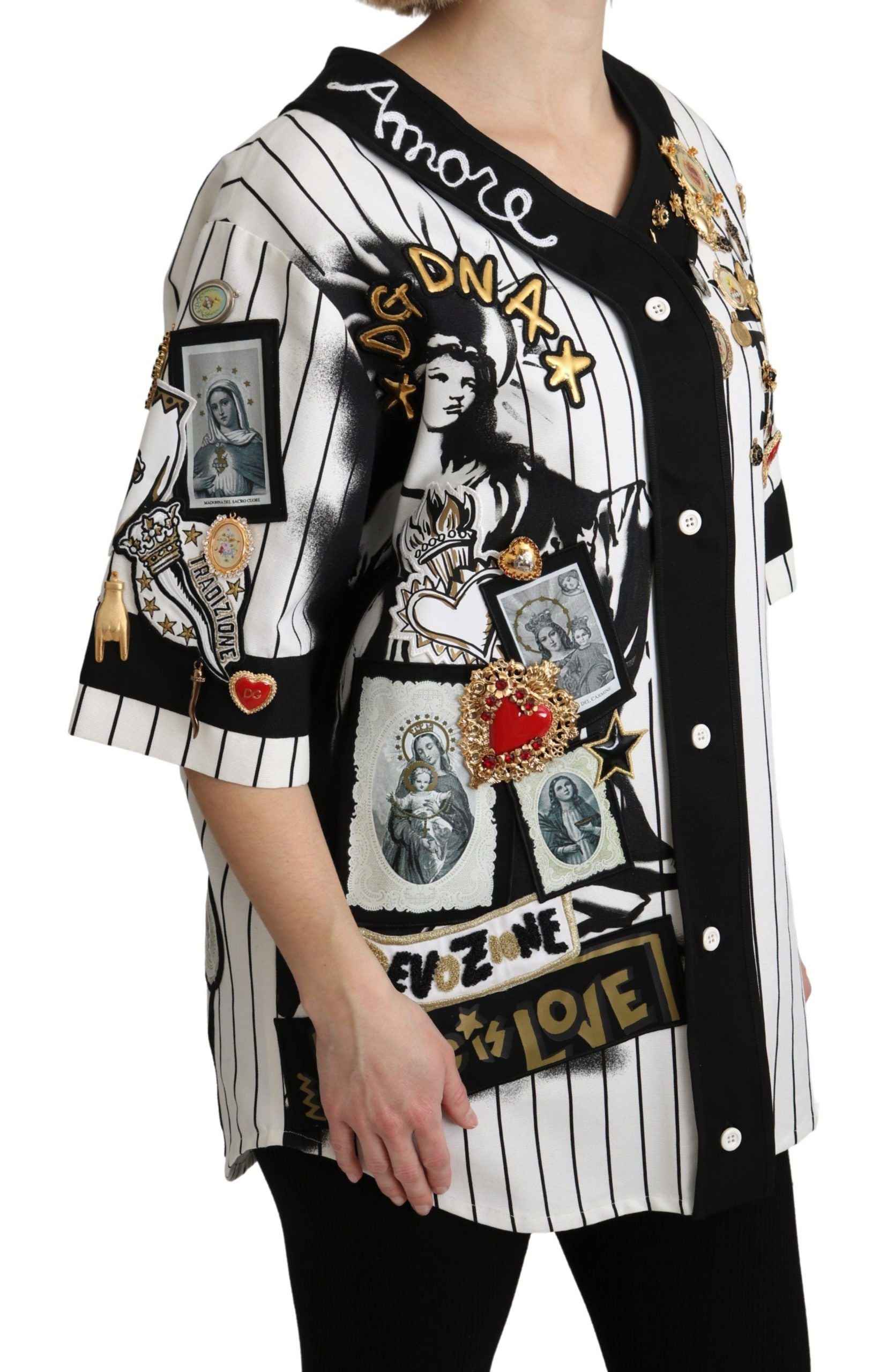Dolce & Gabbana Weiße und schwarze Bluse Baumwolle Kristallanhänger Amore Hemd