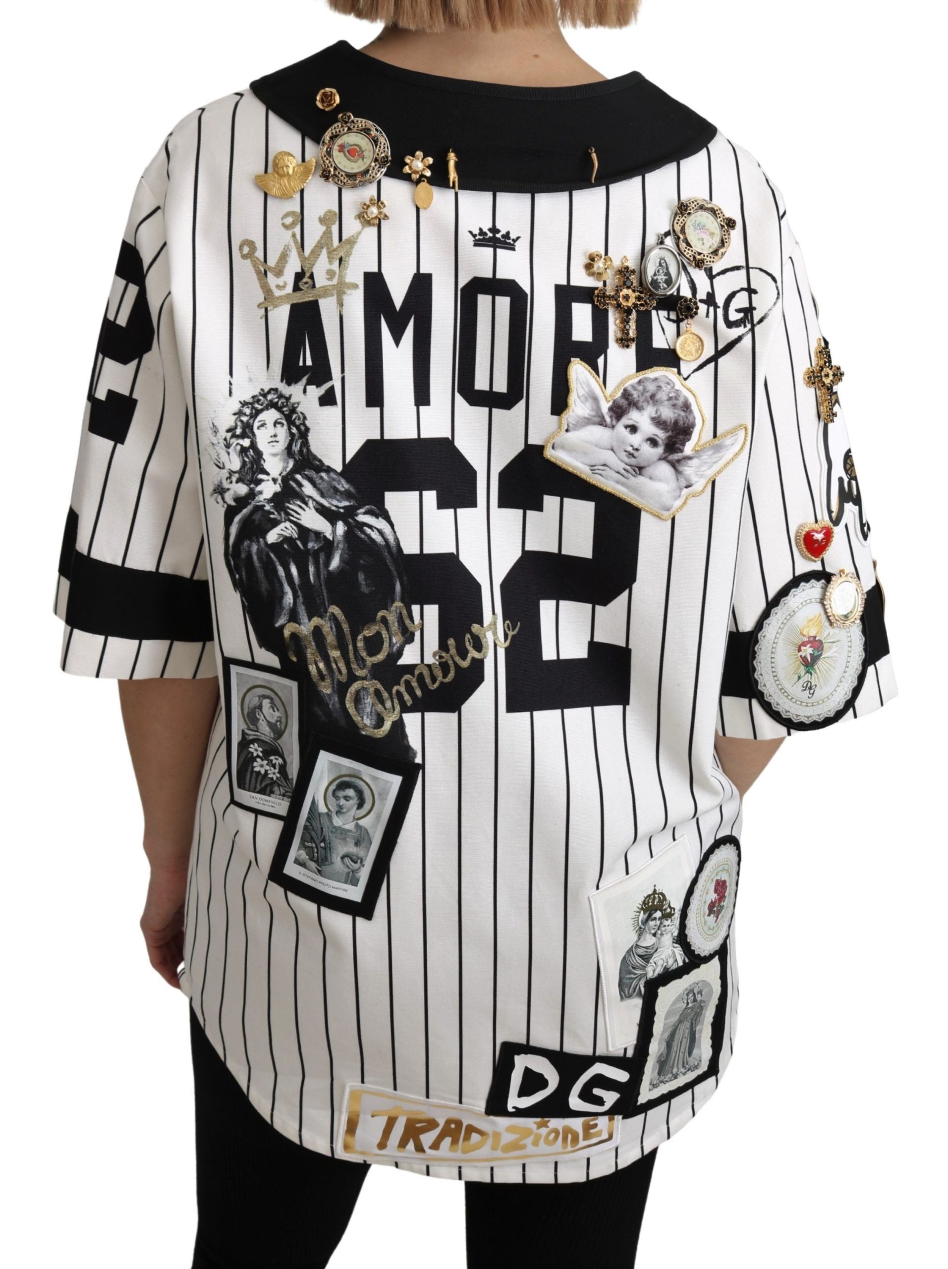 Dolce & Gabbana Weiße und schwarze Bluse Baumwolle Kristallanhänger Amore Hemd