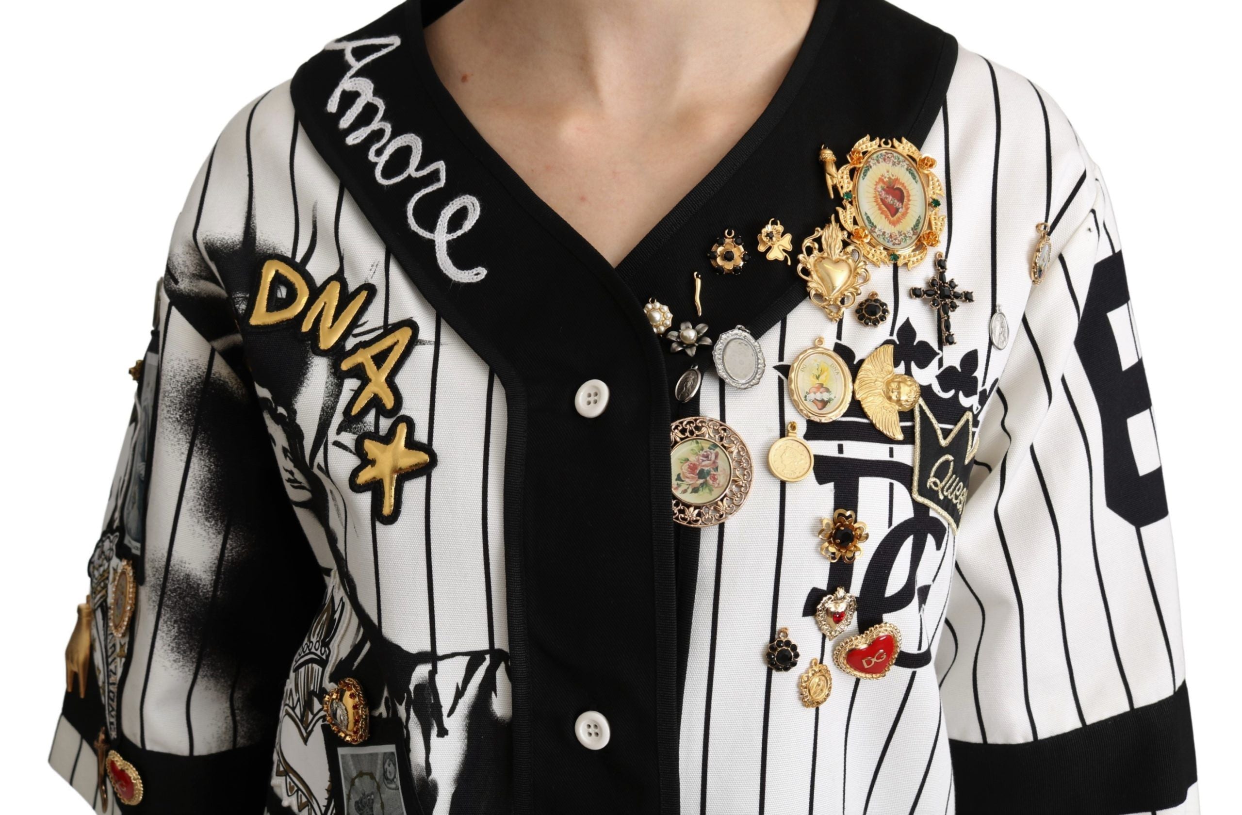 Dolce & Gabbana Weiße und schwarze Bluse Baumwolle Kristallanhänger Amore Hemd
