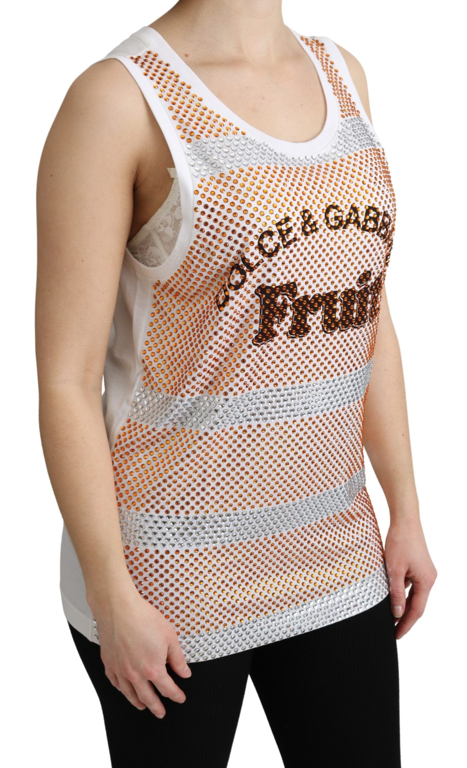 Dolce & Gabbana Weißes ärmelloses Tanktop aus Baumwolle mit orangefarbenen Kristallen