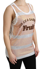 Dolce & Gabbana Weißes ärmelloses Tanktop aus Baumwolle mit orangefarbenen Kristallen
