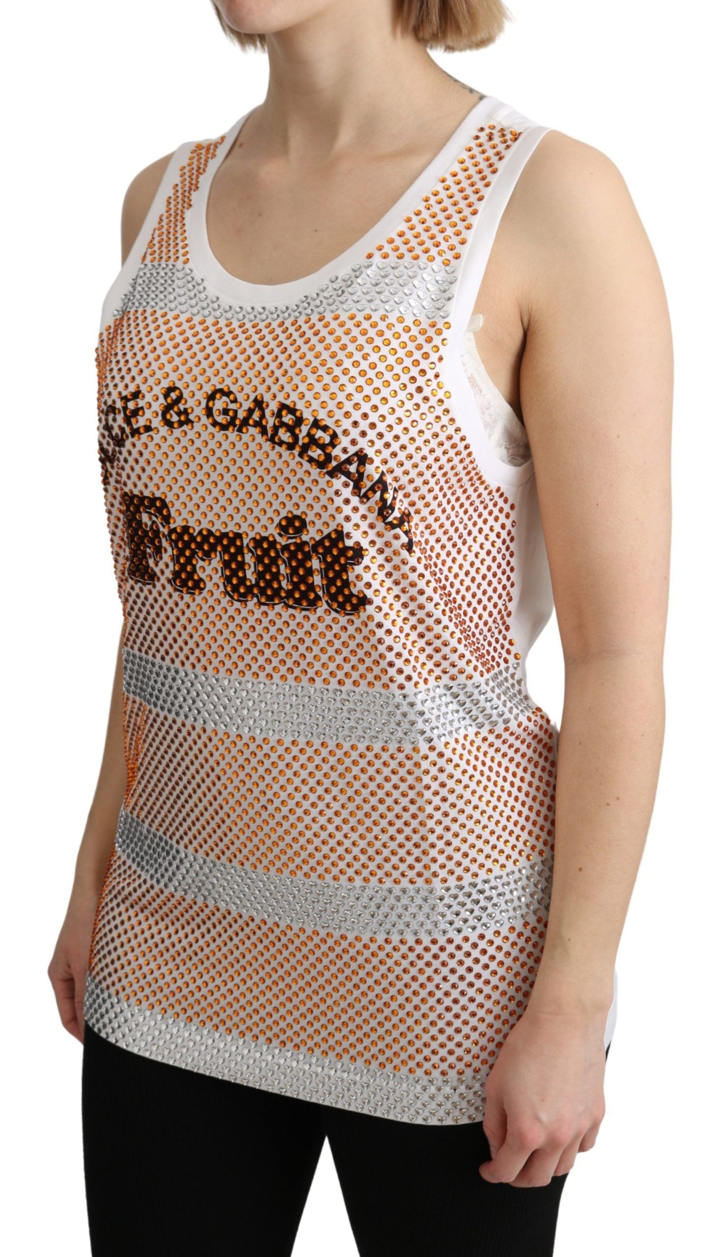 Dolce & Gabbana Weißes ärmelloses Tanktop aus Baumwolle mit orangefarbenen Kristallen