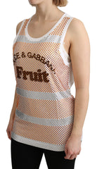 Dolce & Gabbana Weißes ärmelloses Tanktop aus Baumwolle mit orangefarbenen Kristallen